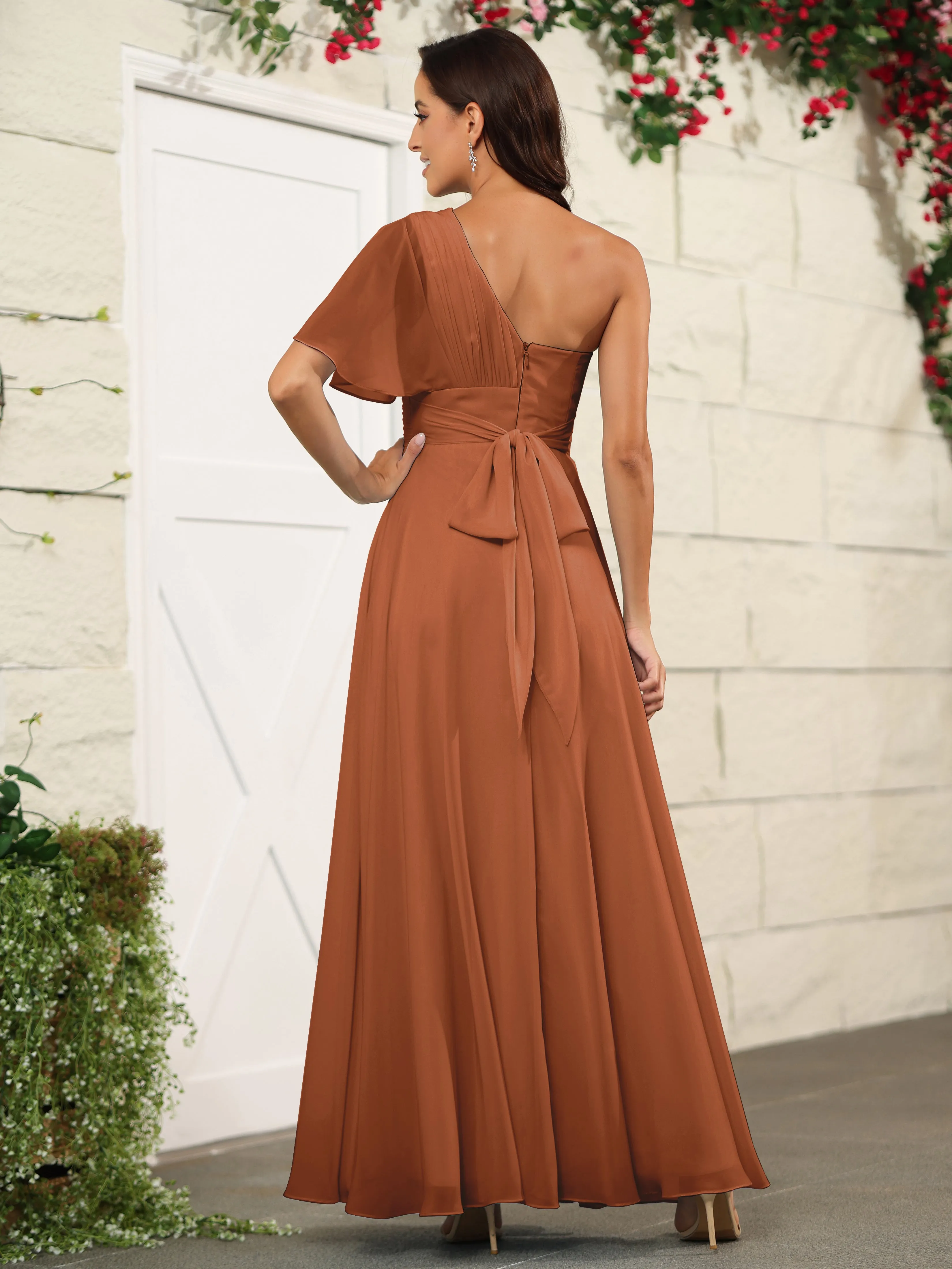 Simple One Shoulder Chiffon Floor Length Bridesmaid Dresses