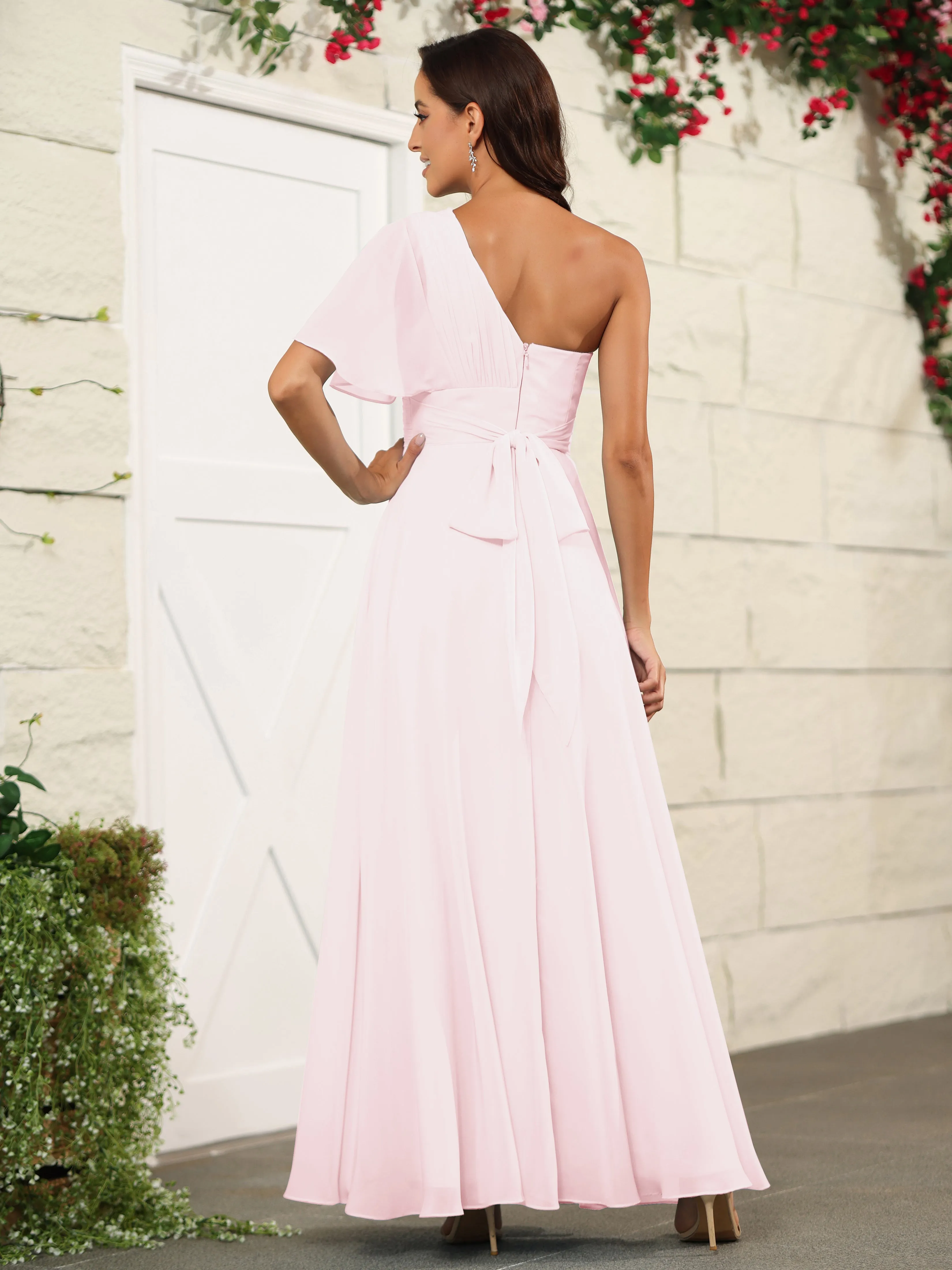 Simple One Shoulder Chiffon Floor Length Bridesmaid Dresses