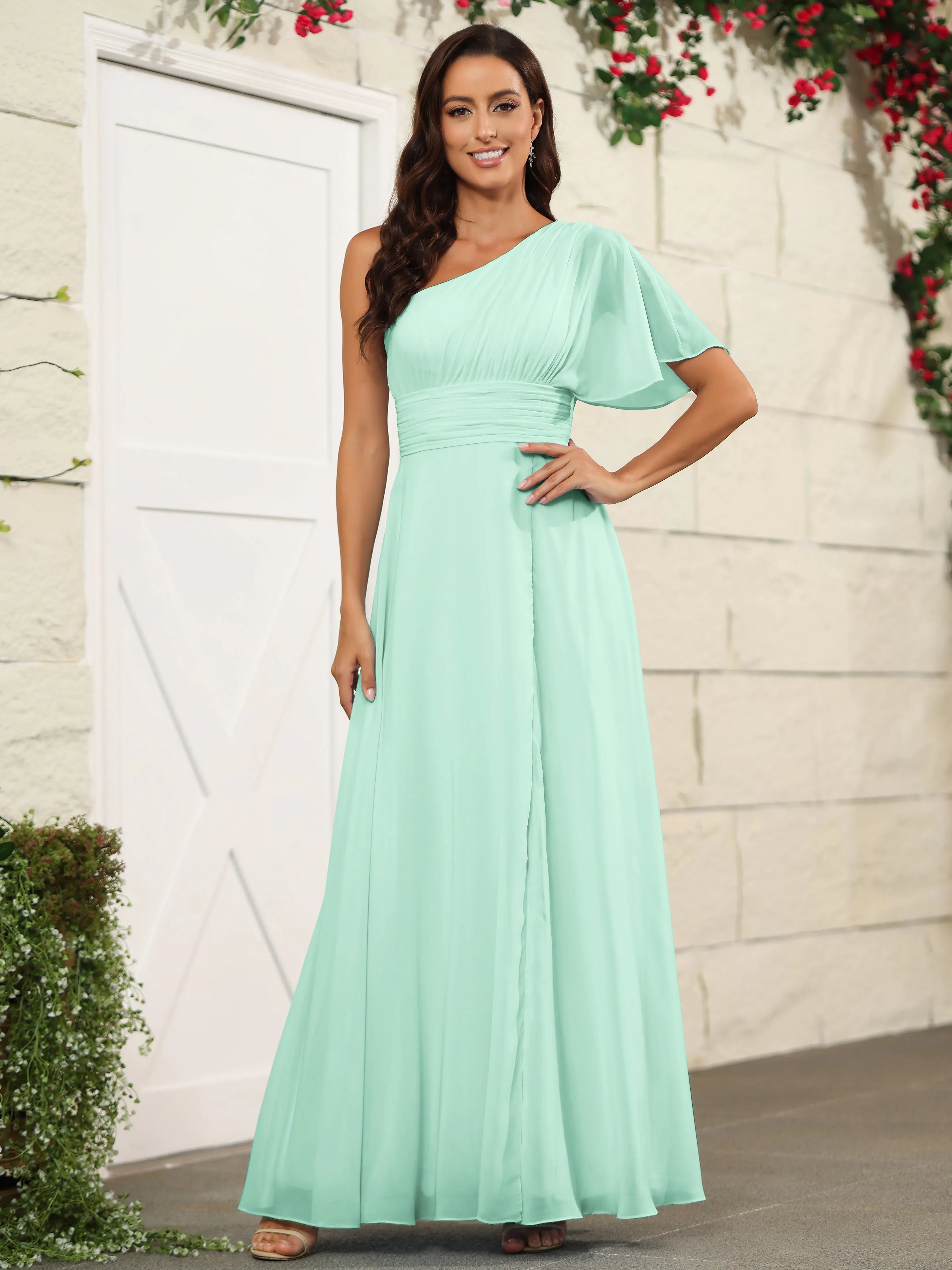 Simple One Shoulder Chiffon Floor Length Bridesmaid Dresses