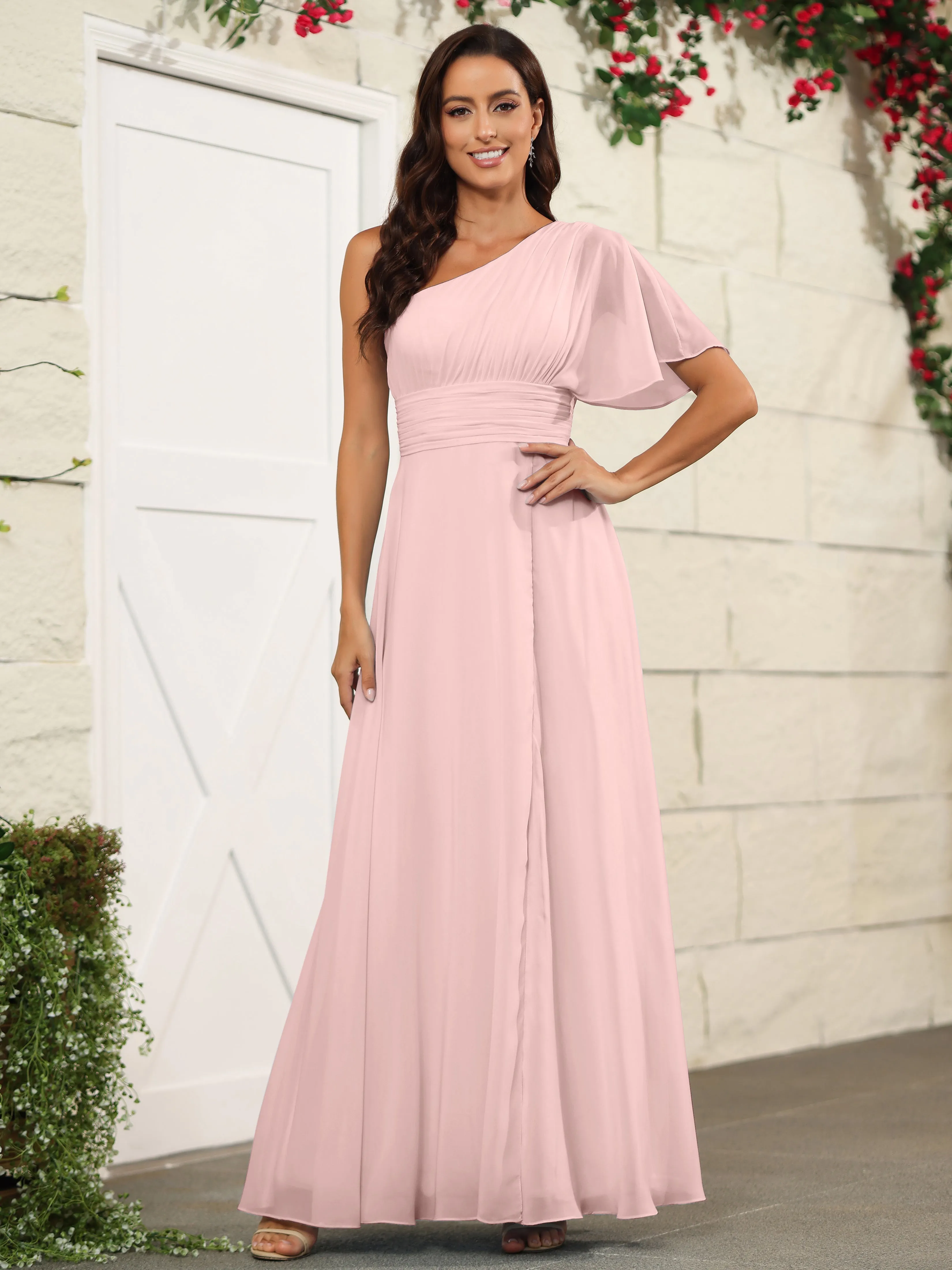 Simple One Shoulder Chiffon Floor Length Bridesmaid Dresses