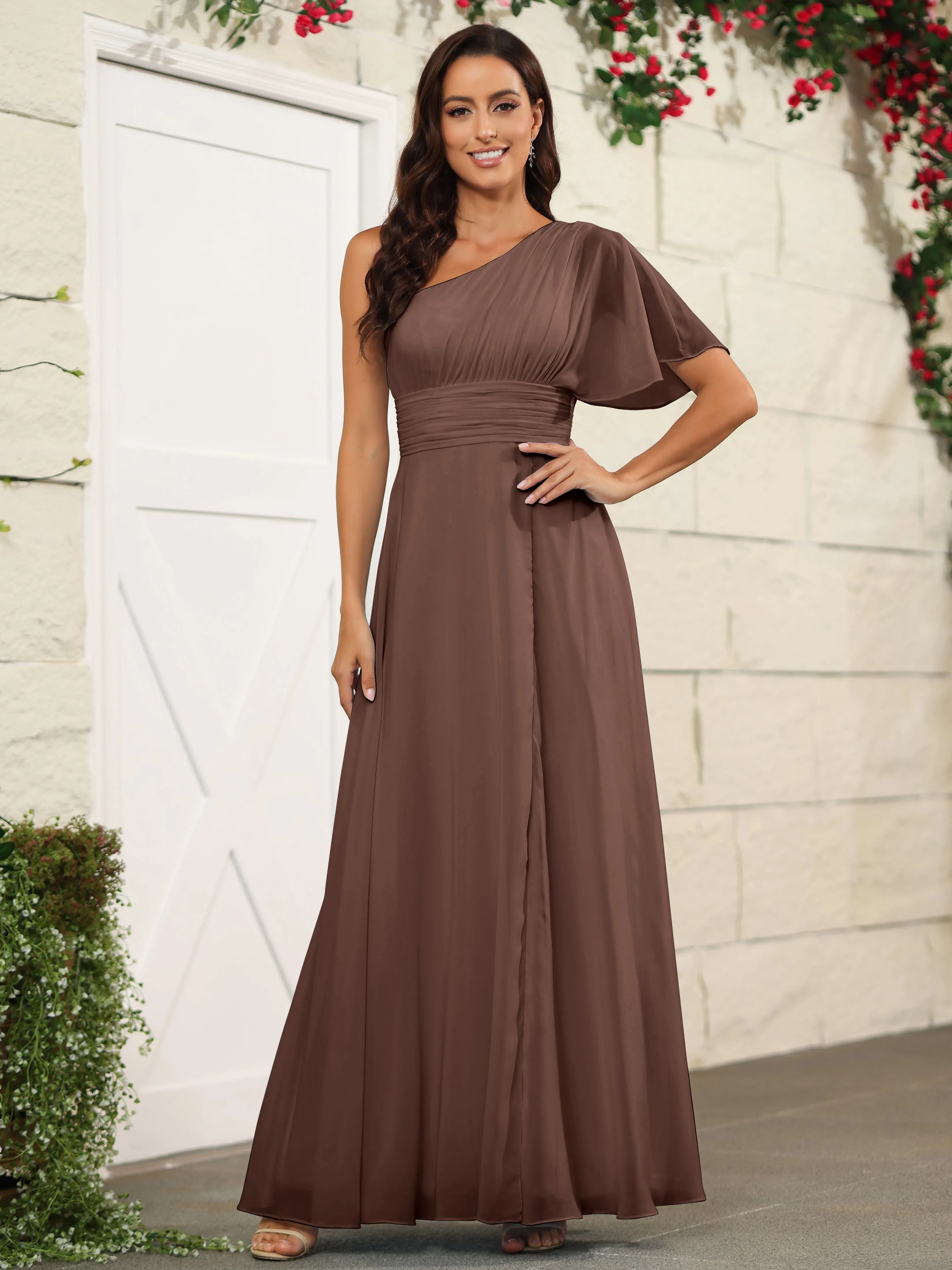 Simple One Shoulder Chiffon Floor Length Bridesmaid Dresses