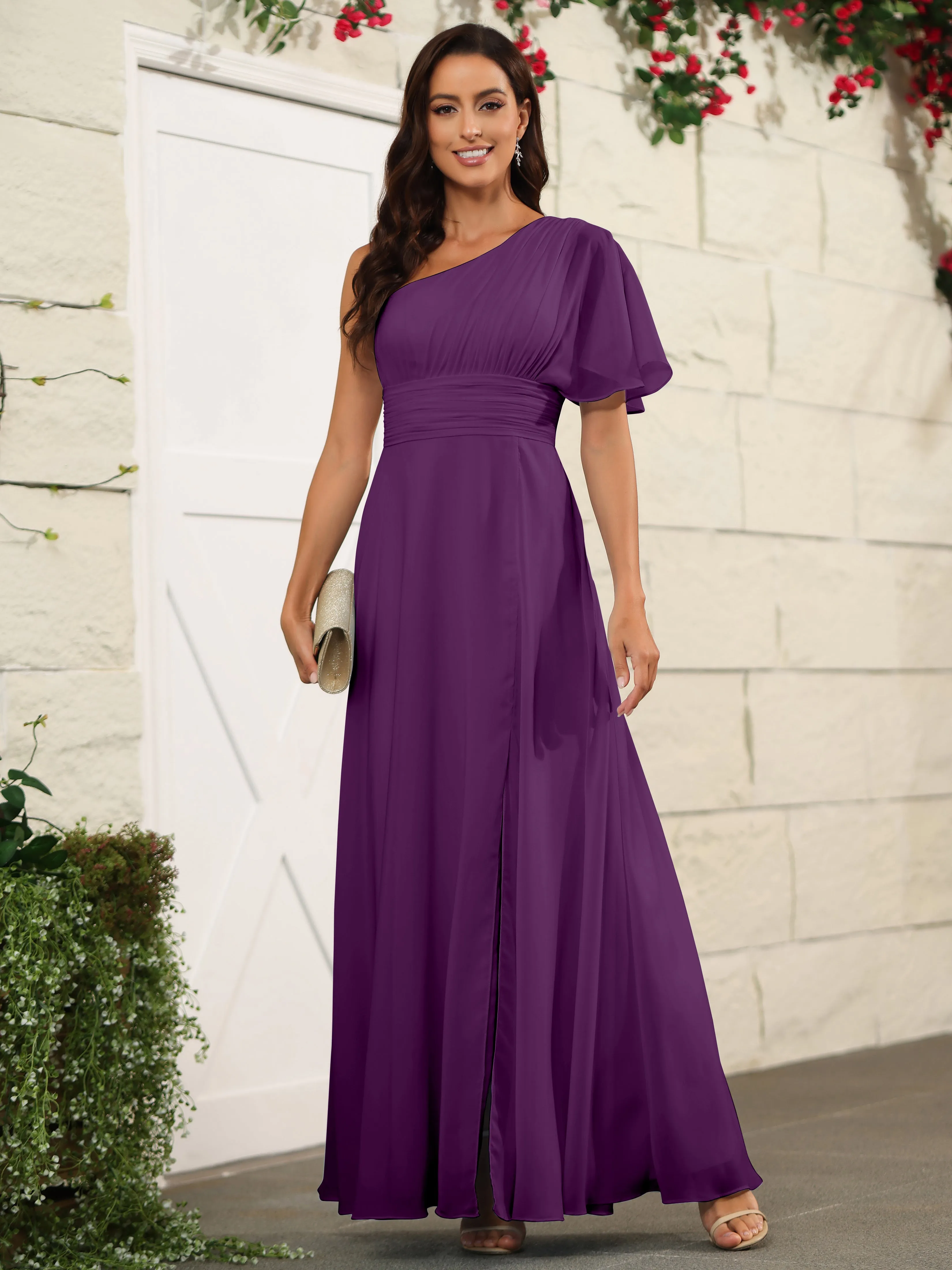 Simple One Shoulder Chiffon Floor Length Bridesmaid Dresses