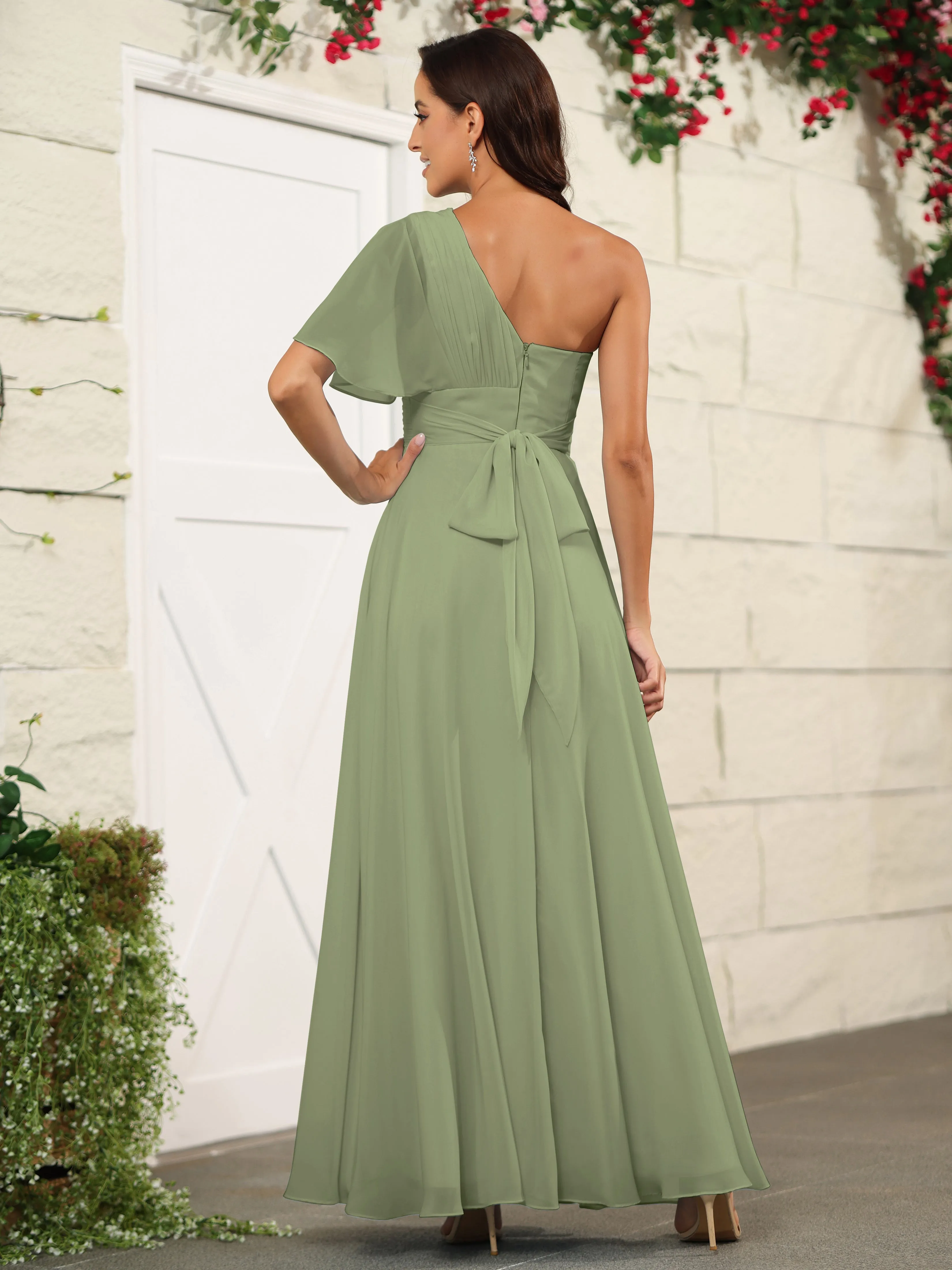 Simple One Shoulder Chiffon Floor Length Bridesmaid Dresses