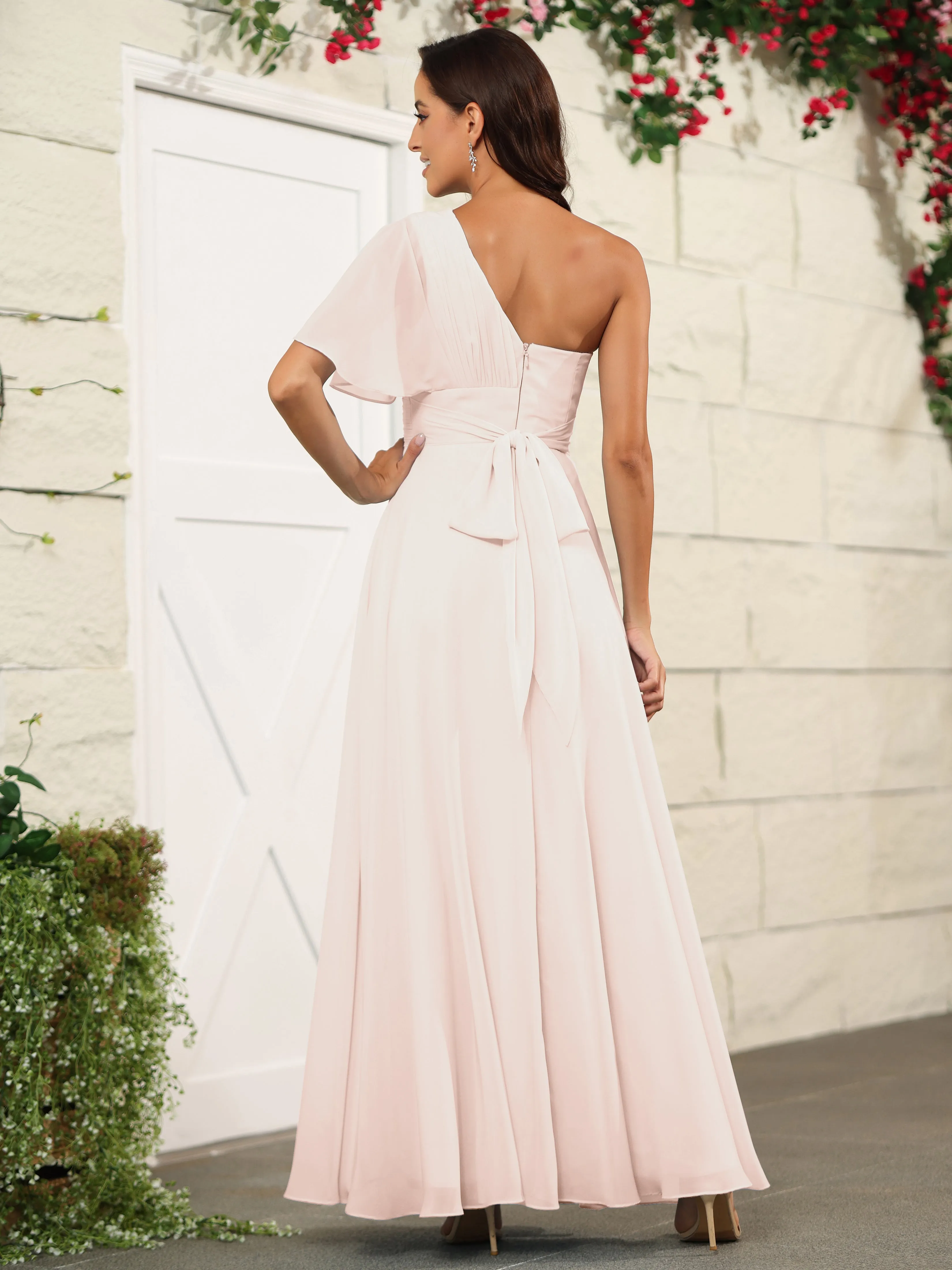 Simple One Shoulder Chiffon Floor Length Bridesmaid Dresses