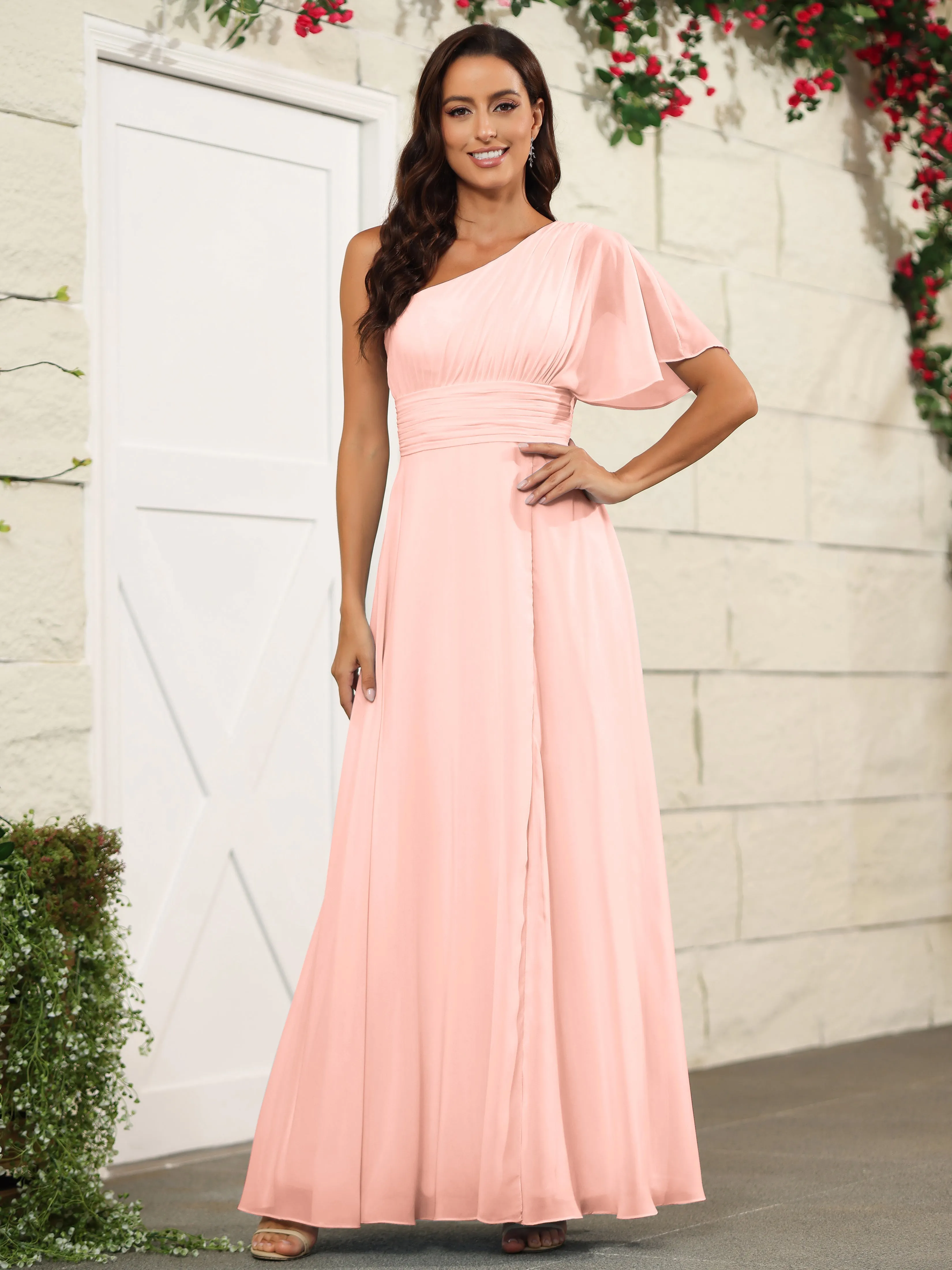 Simple One Shoulder Chiffon Floor Length Bridesmaid Dresses
