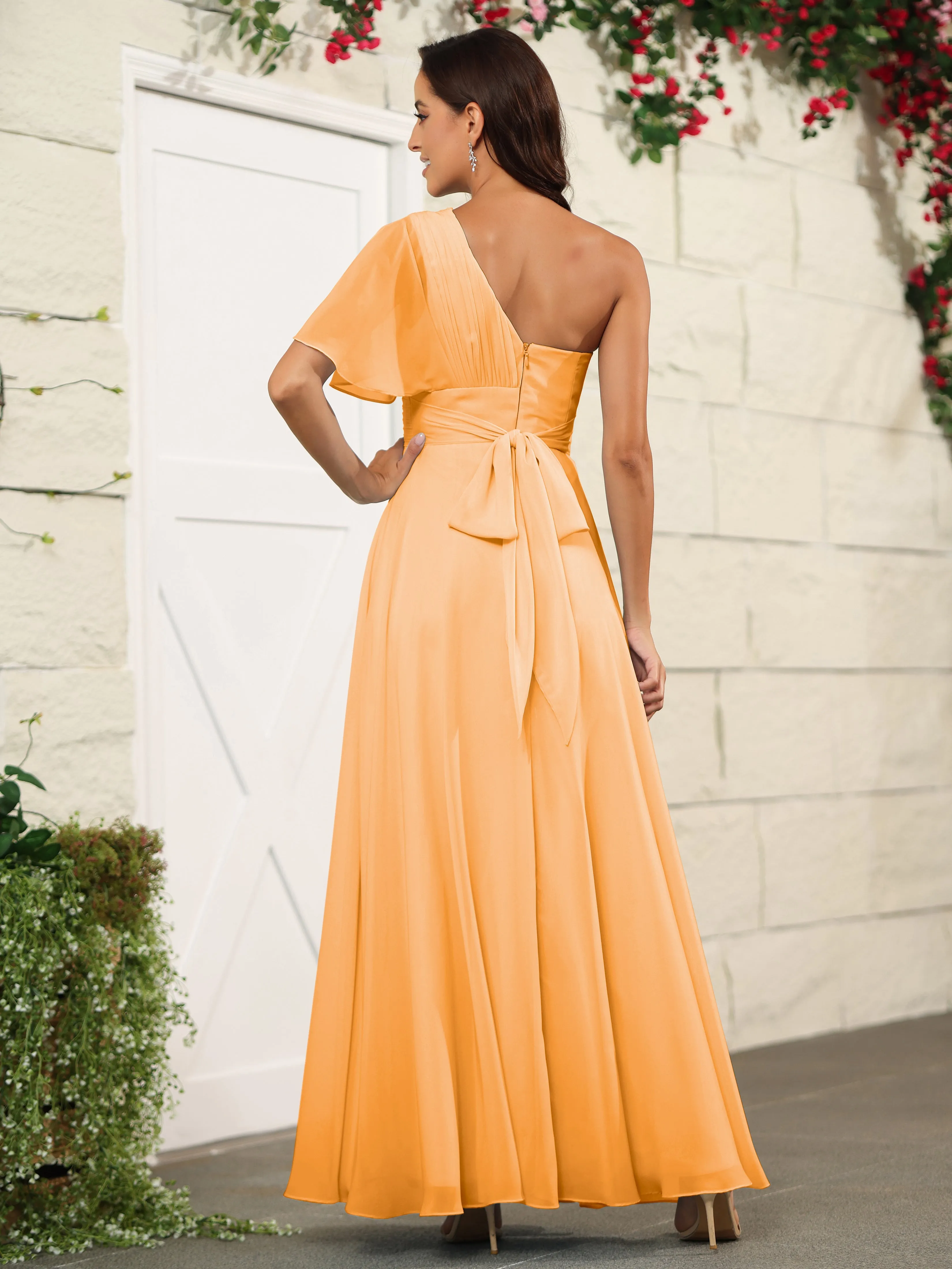 Simple One Shoulder Chiffon Floor Length Bridesmaid Dresses
