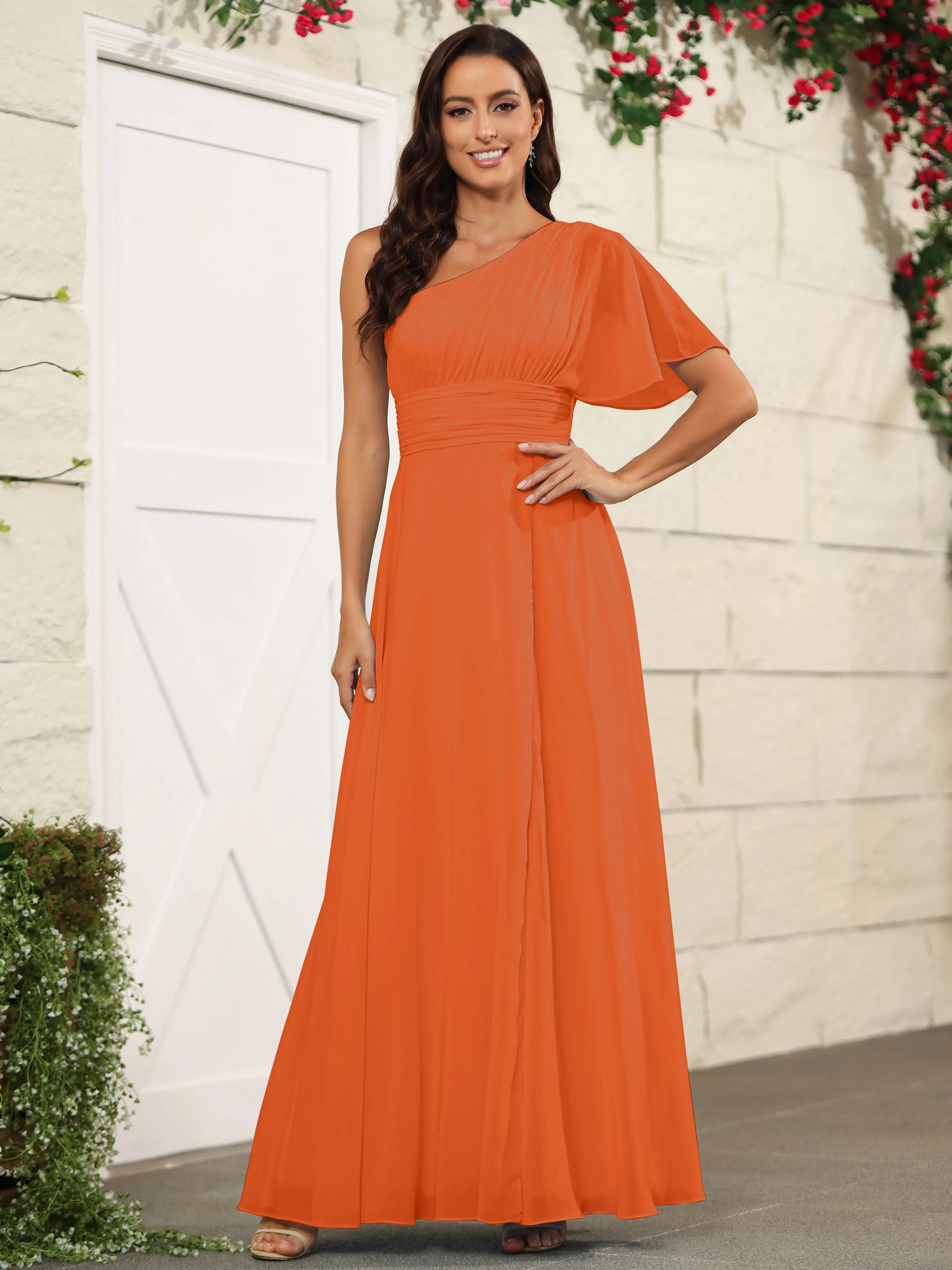 Simple One Shoulder Chiffon Floor Length Bridesmaid Dresses