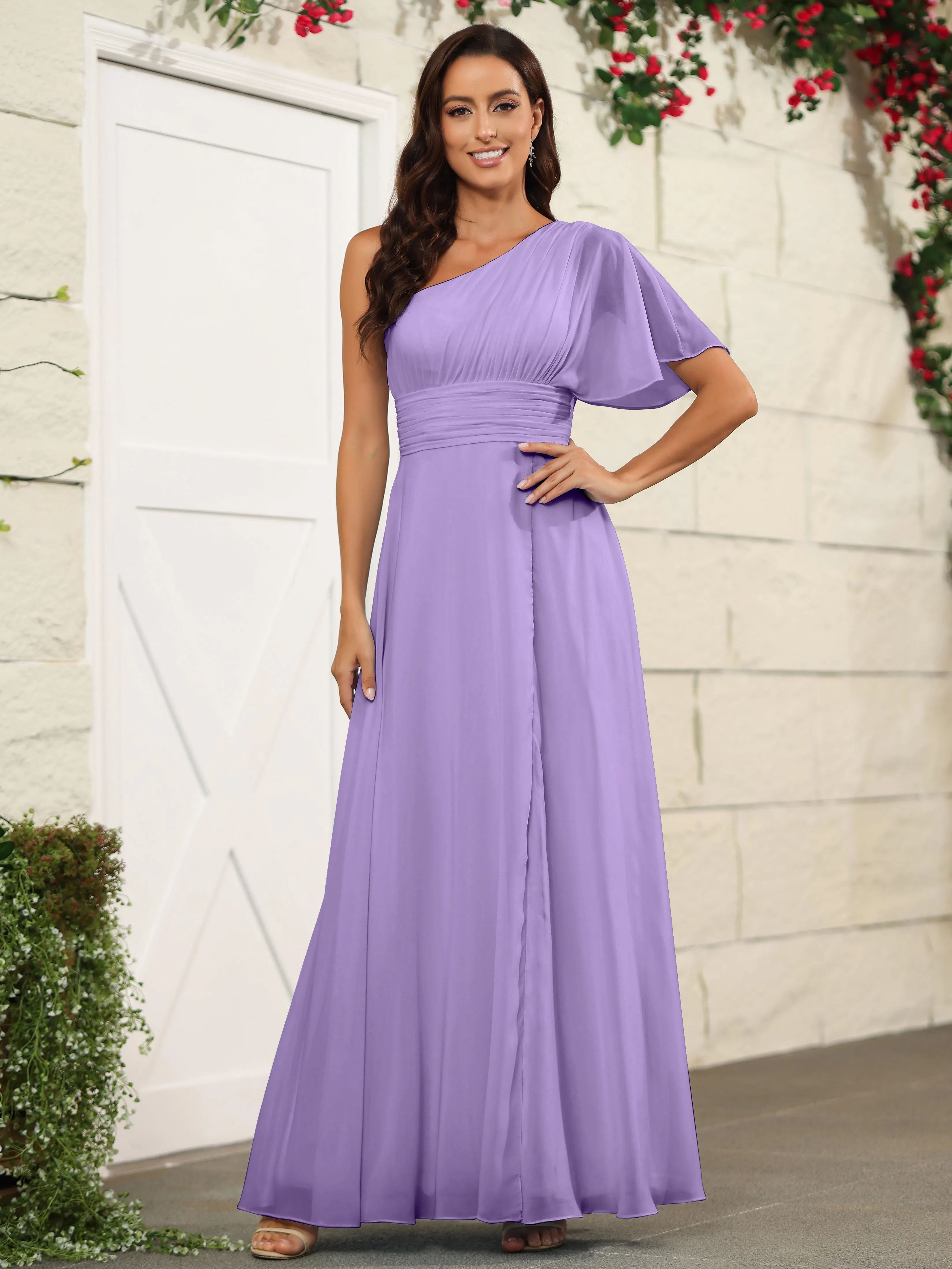 Simple One Shoulder Chiffon Floor Length Bridesmaid Dresses