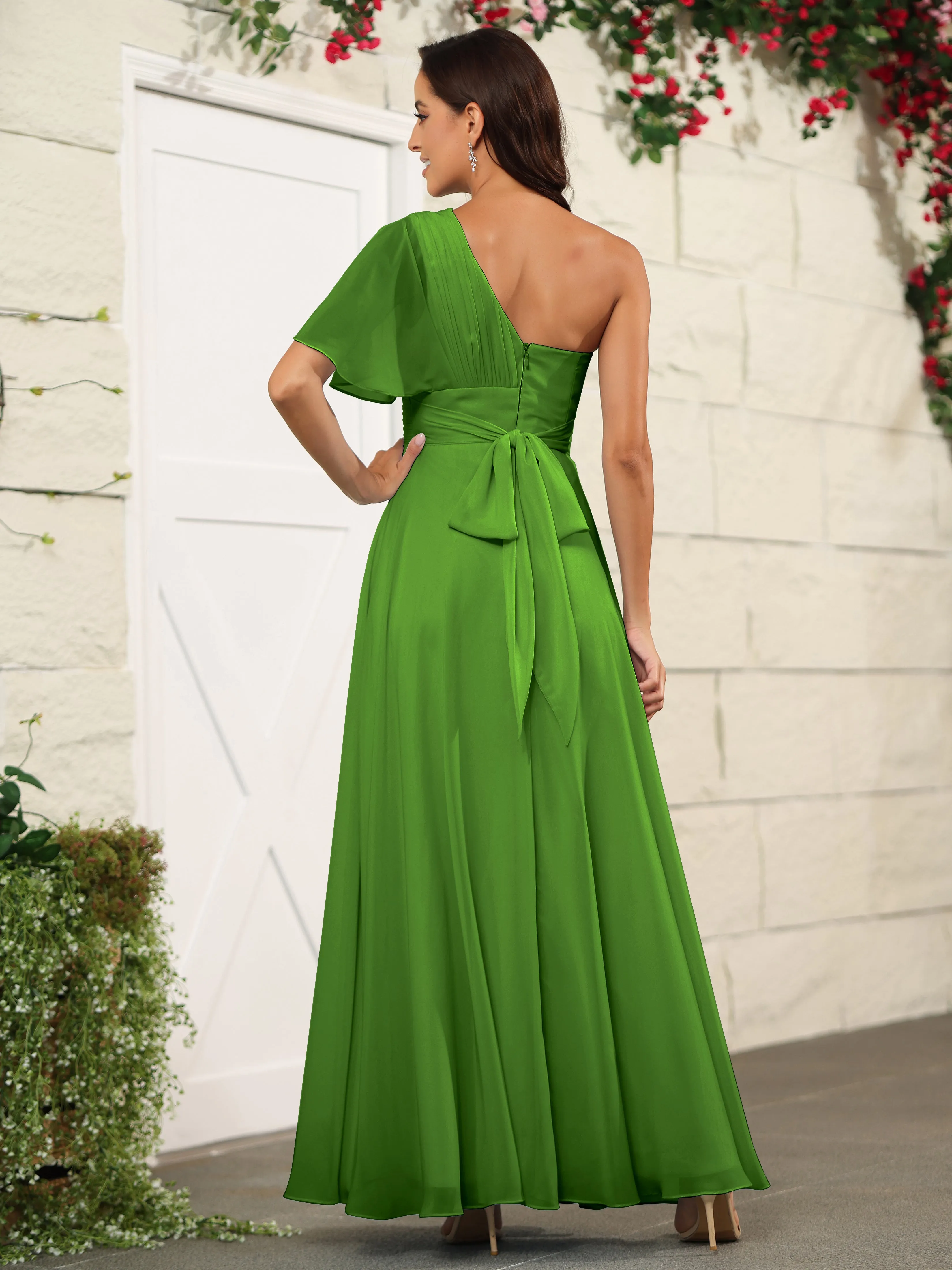 Simple One Shoulder Chiffon Floor Length Bridesmaid Dresses