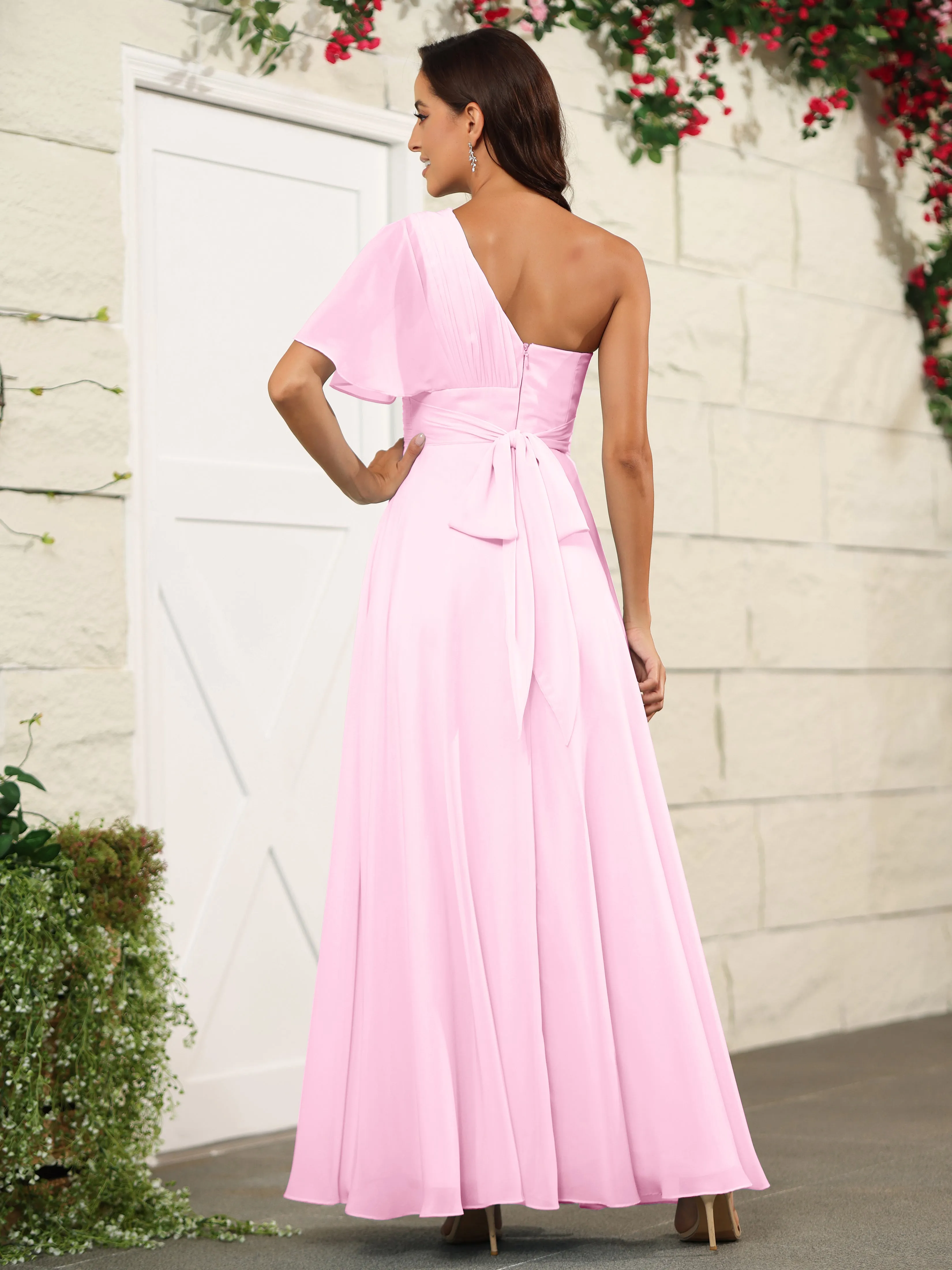 Simple One Shoulder Chiffon Floor Length Bridesmaid Dresses