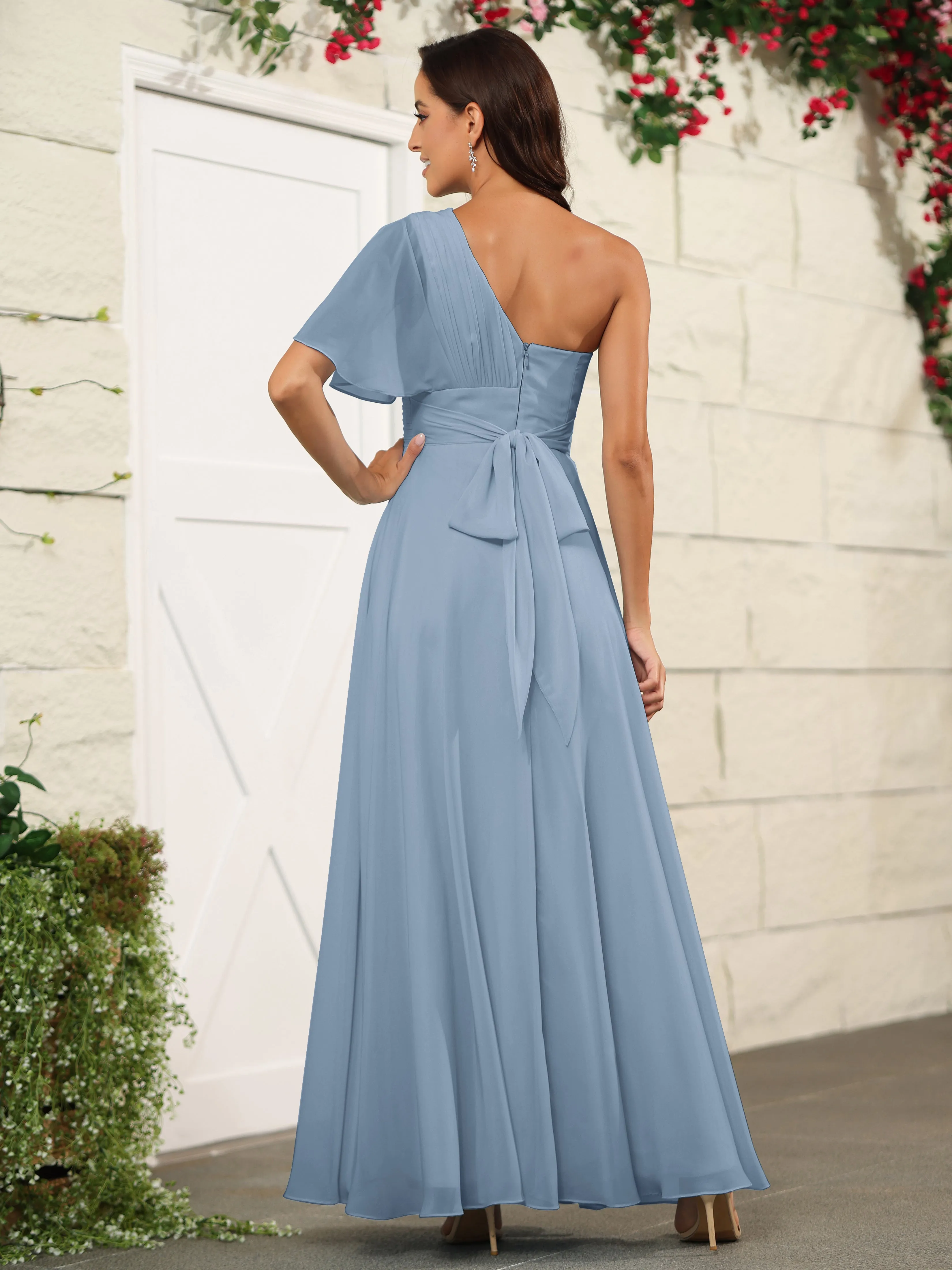 Simple One Shoulder Chiffon Floor Length Bridesmaid Dresses