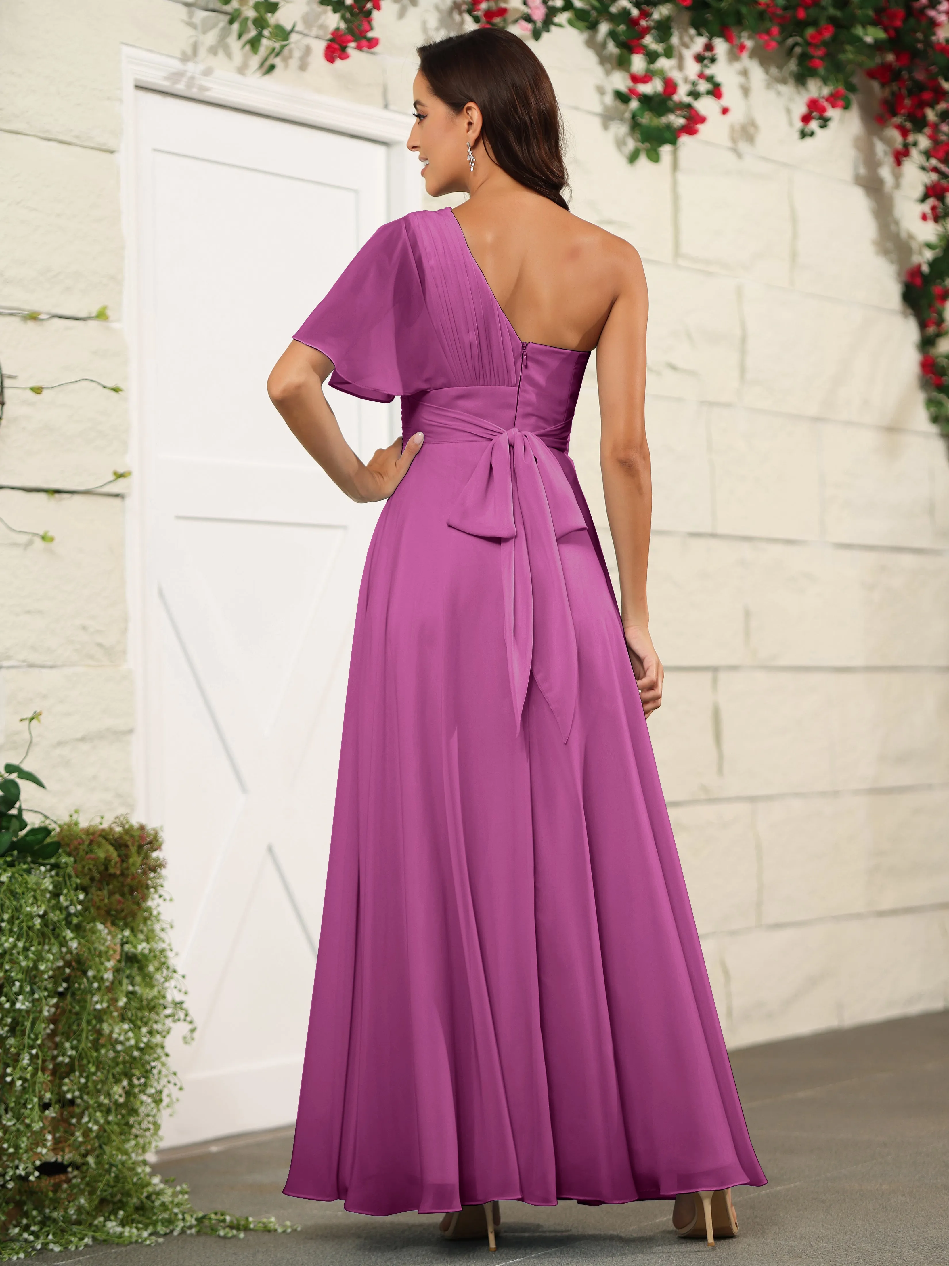 Simple One Shoulder Chiffon Floor Length Bridesmaid Dresses