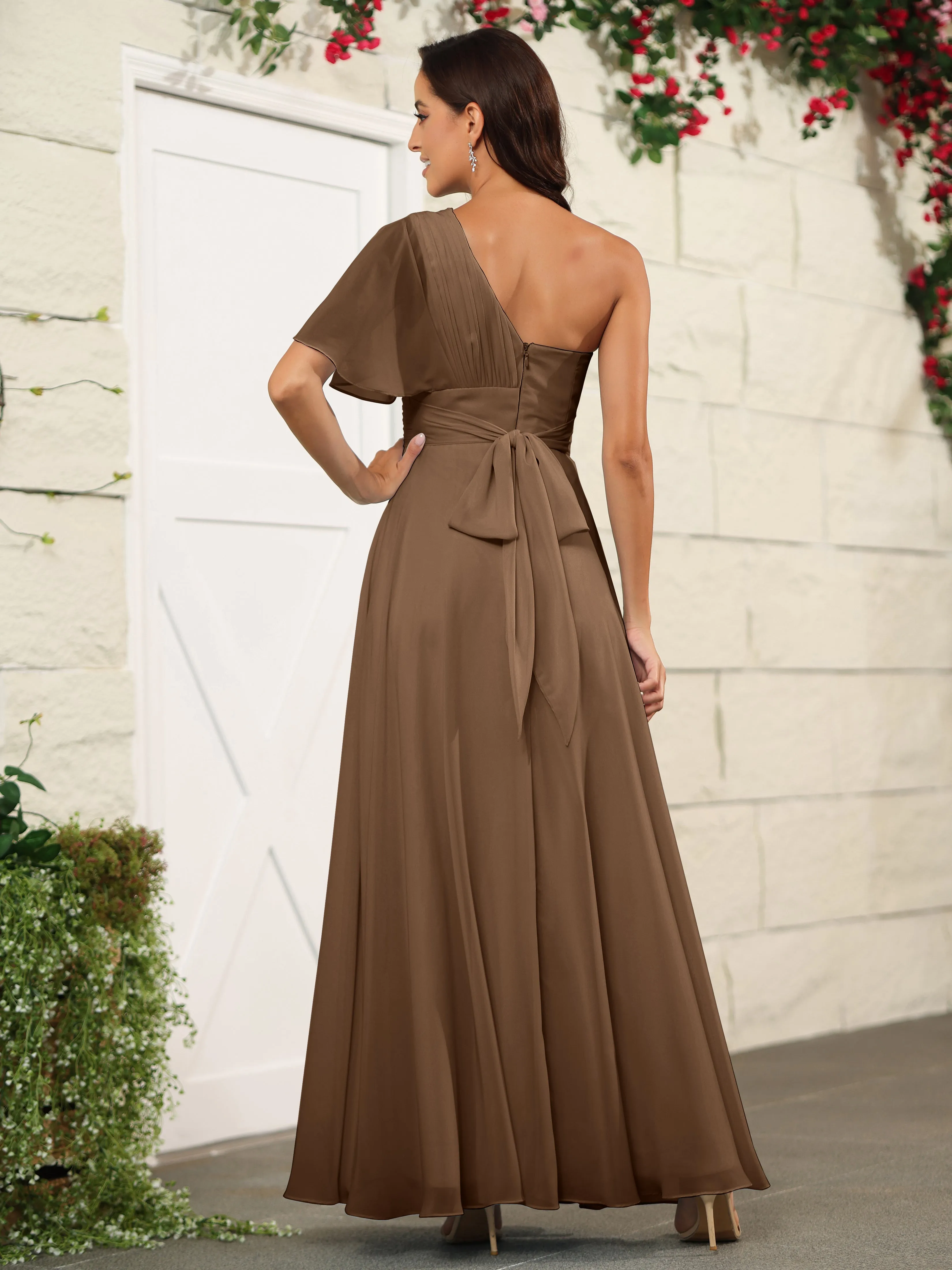 Simple One Shoulder Chiffon Floor Length Bridesmaid Dresses