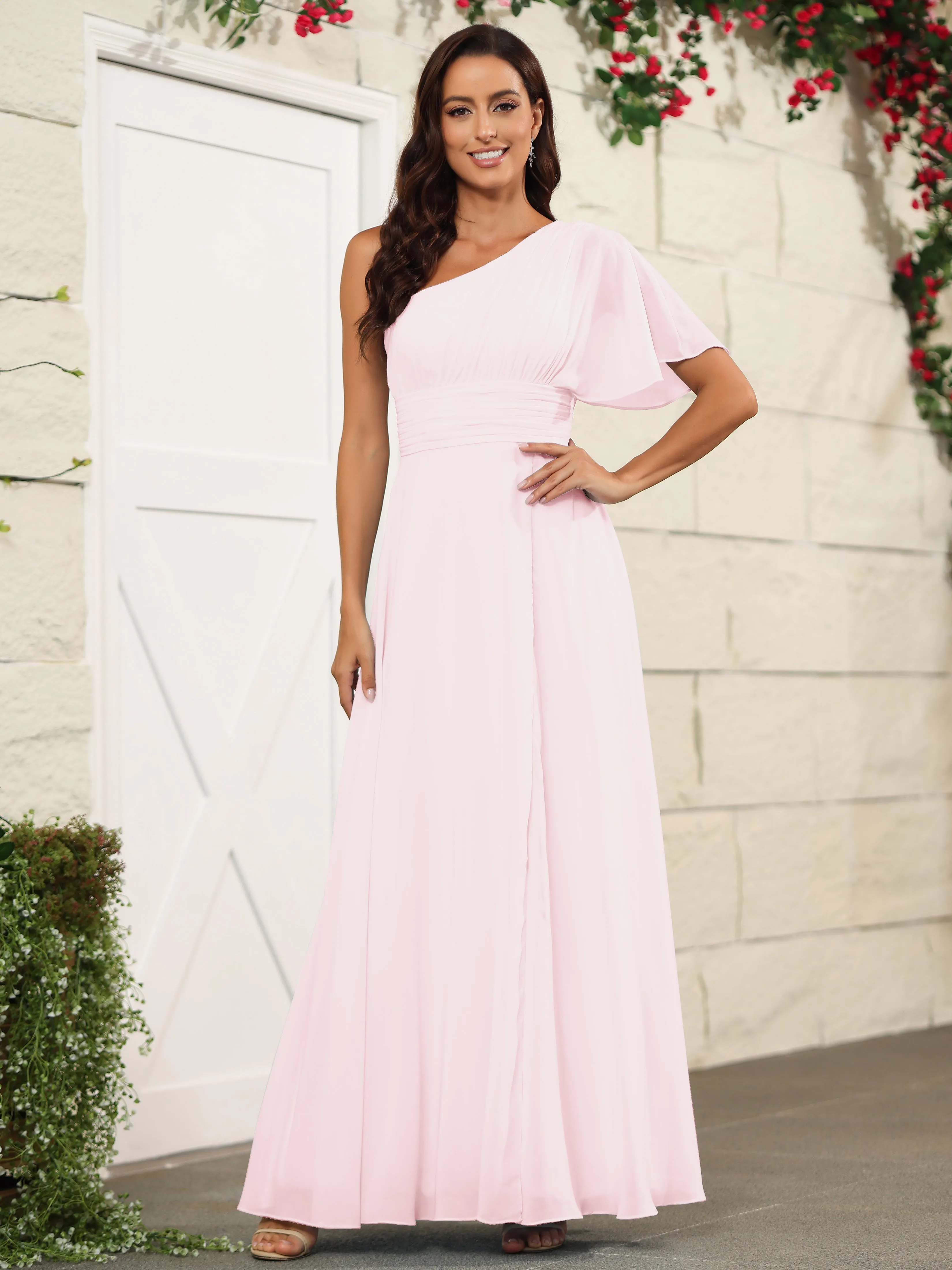 Simple One Shoulder Chiffon Floor Length Bridesmaid Dresses