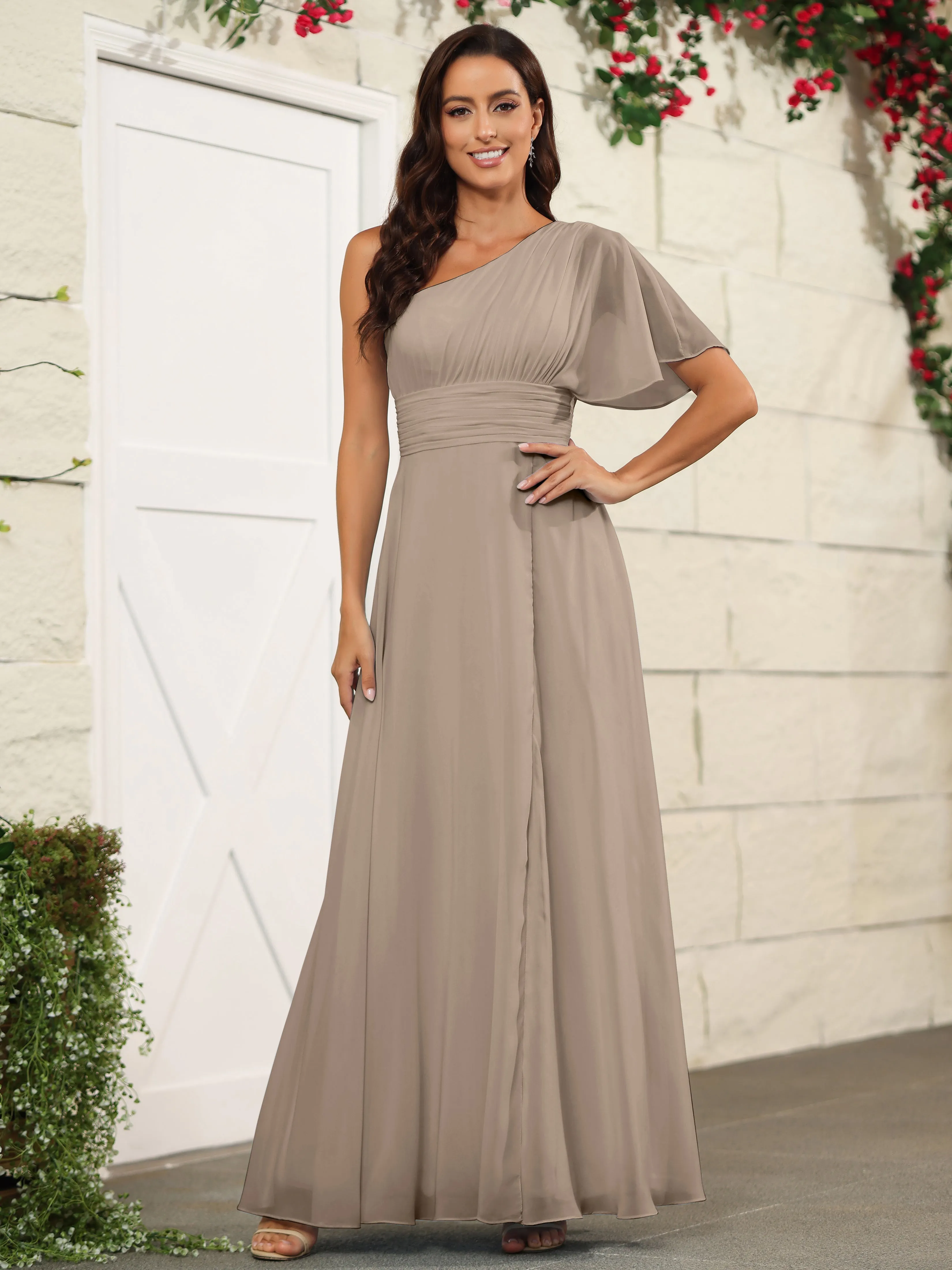 Simple One Shoulder Chiffon Floor Length Bridesmaid Dresses