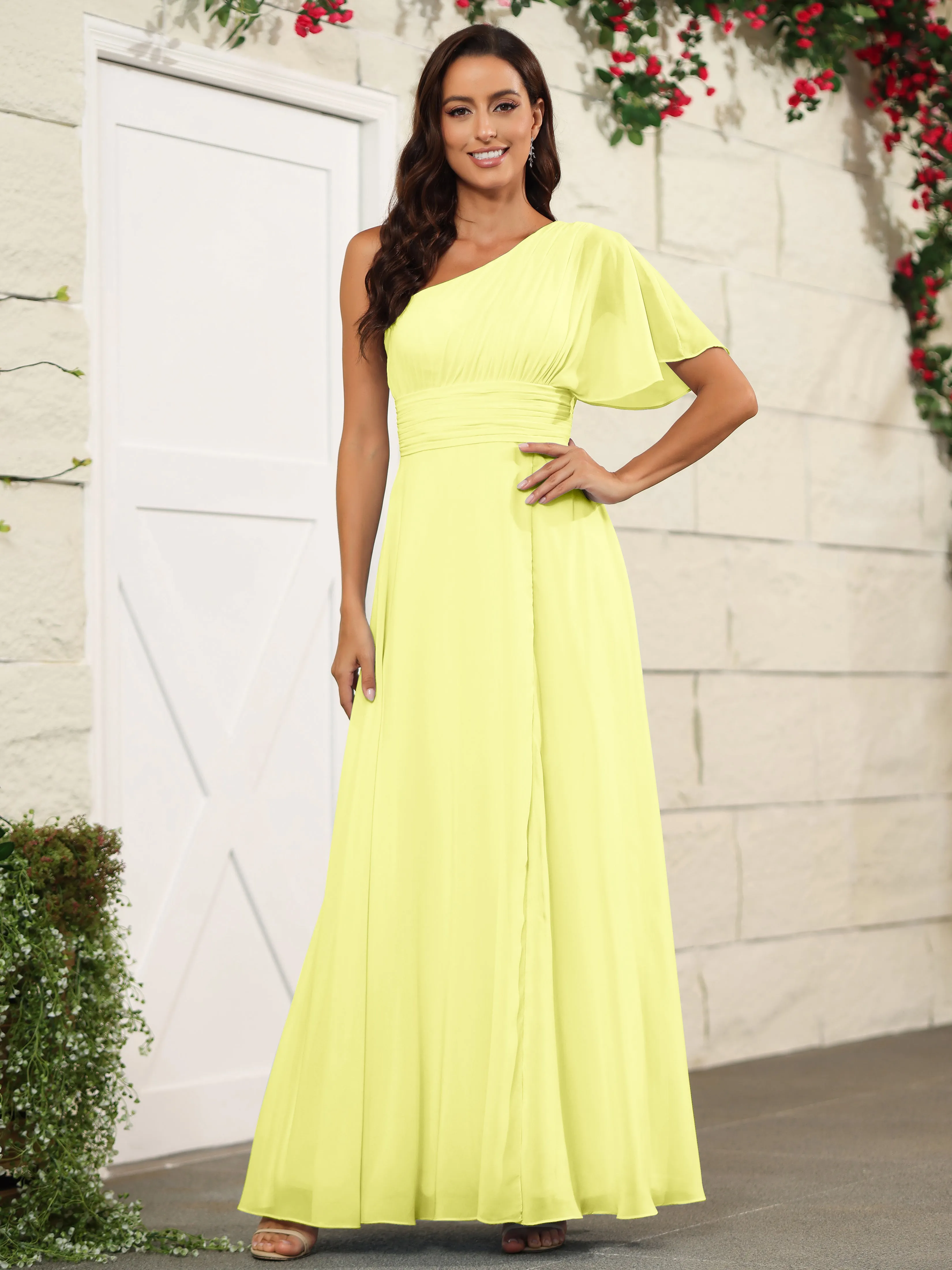 Simple One Shoulder Chiffon Floor Length Bridesmaid Dresses
