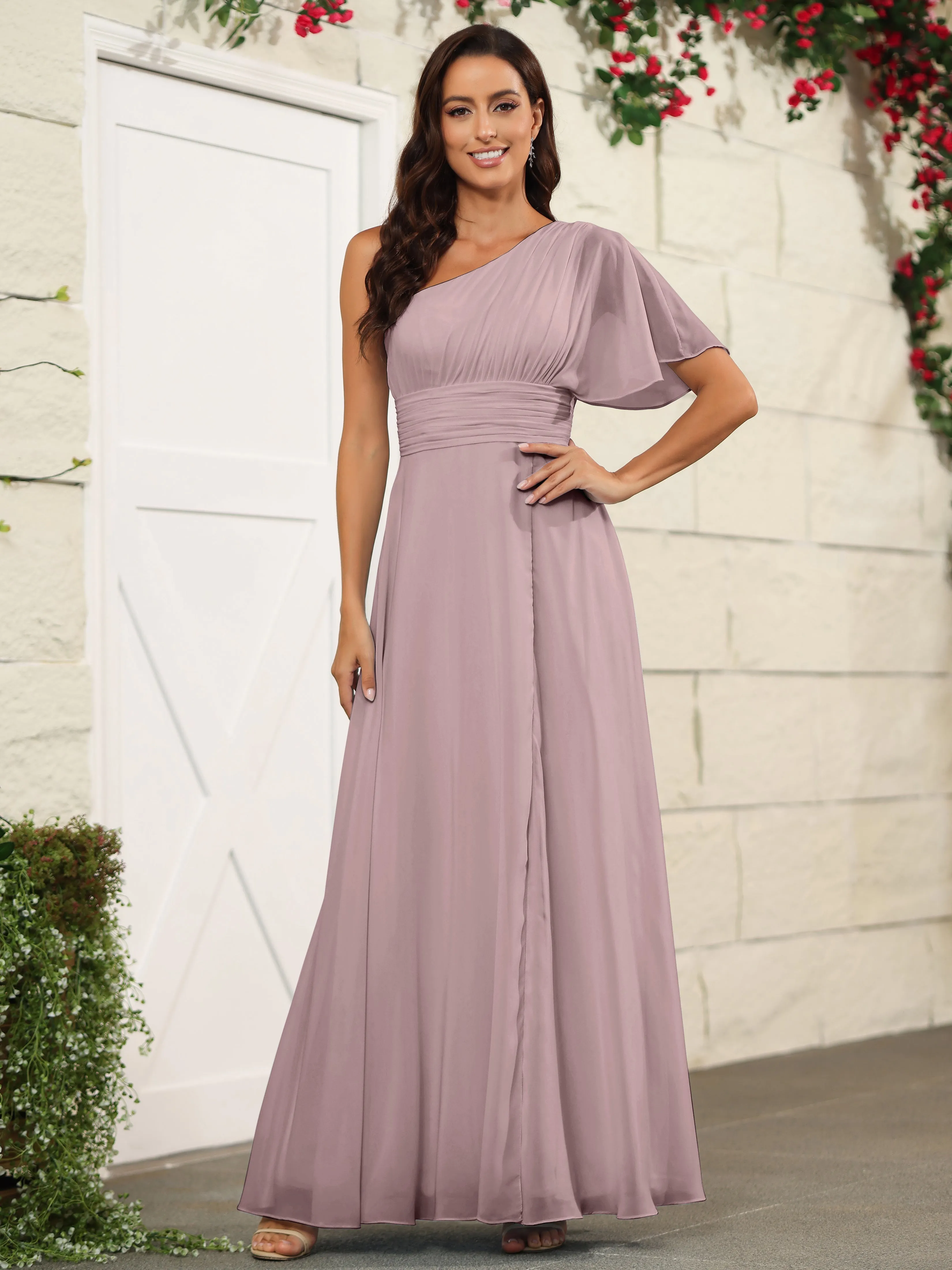 Simple One Shoulder Chiffon Floor Length Bridesmaid Dresses