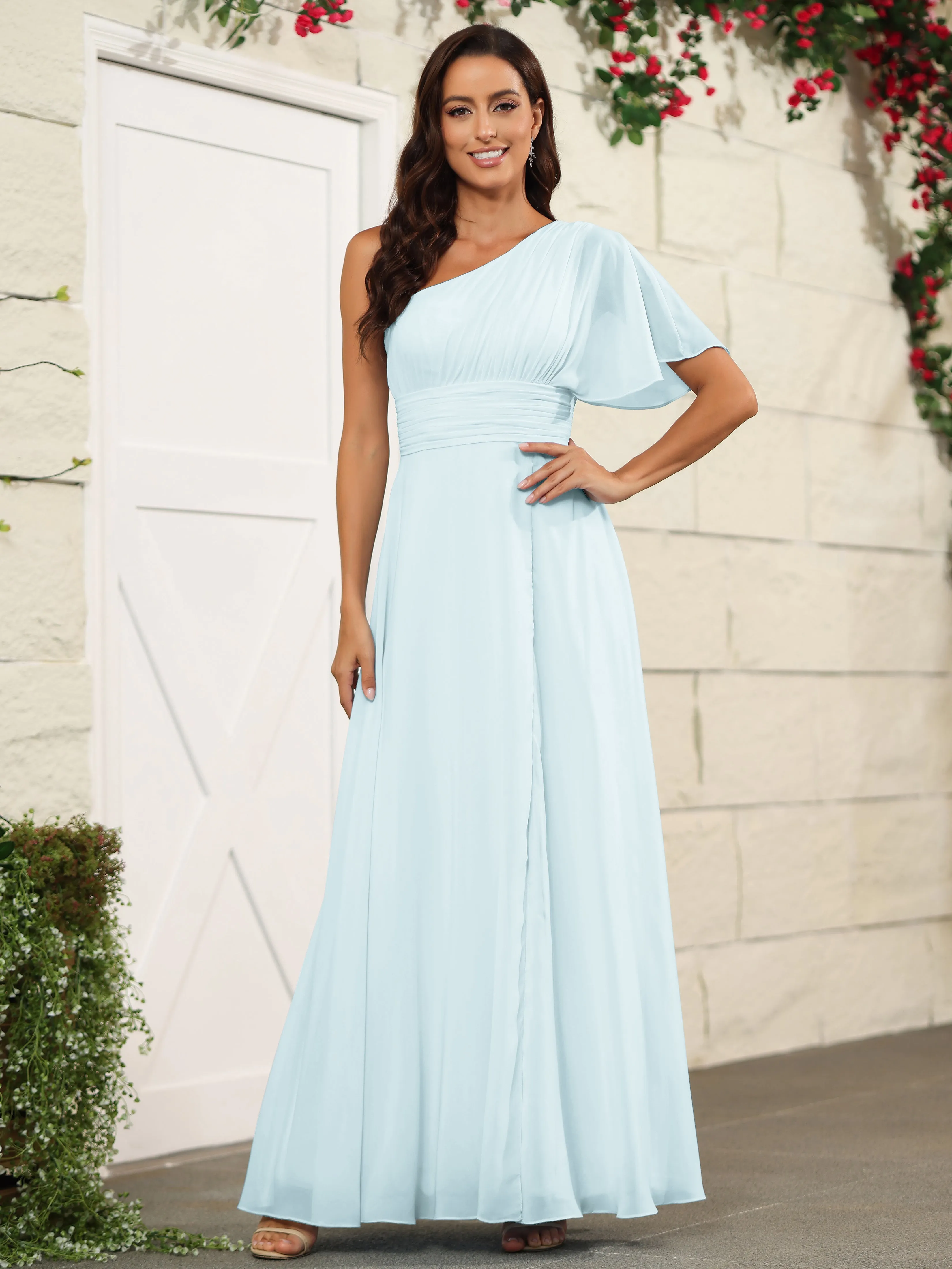Simple One Shoulder Chiffon Floor Length Bridesmaid Dresses