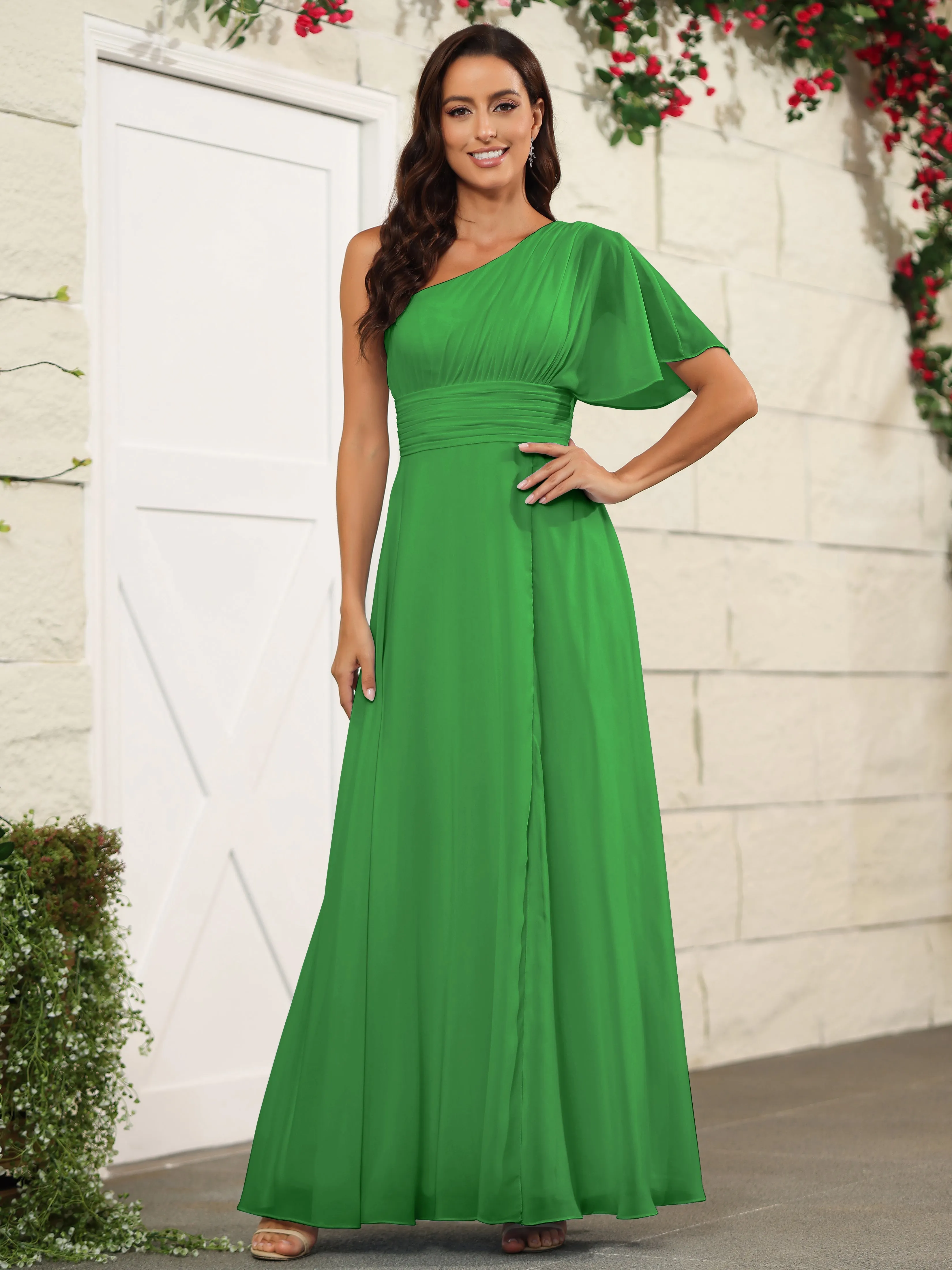 Simple One Shoulder Chiffon Floor Length Bridesmaid Dresses
