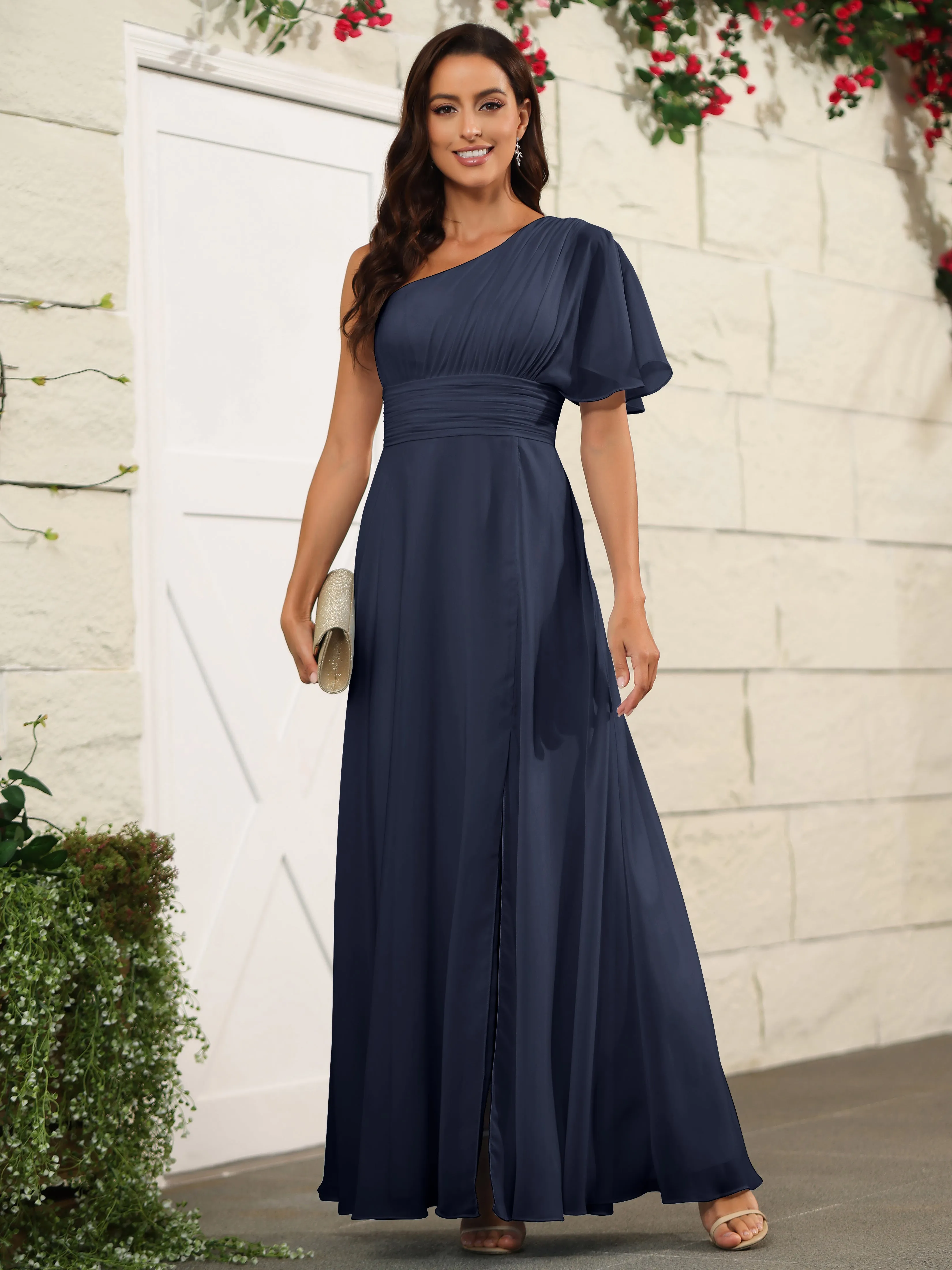 Simple One Shoulder Chiffon Floor Length Bridesmaid Dresses