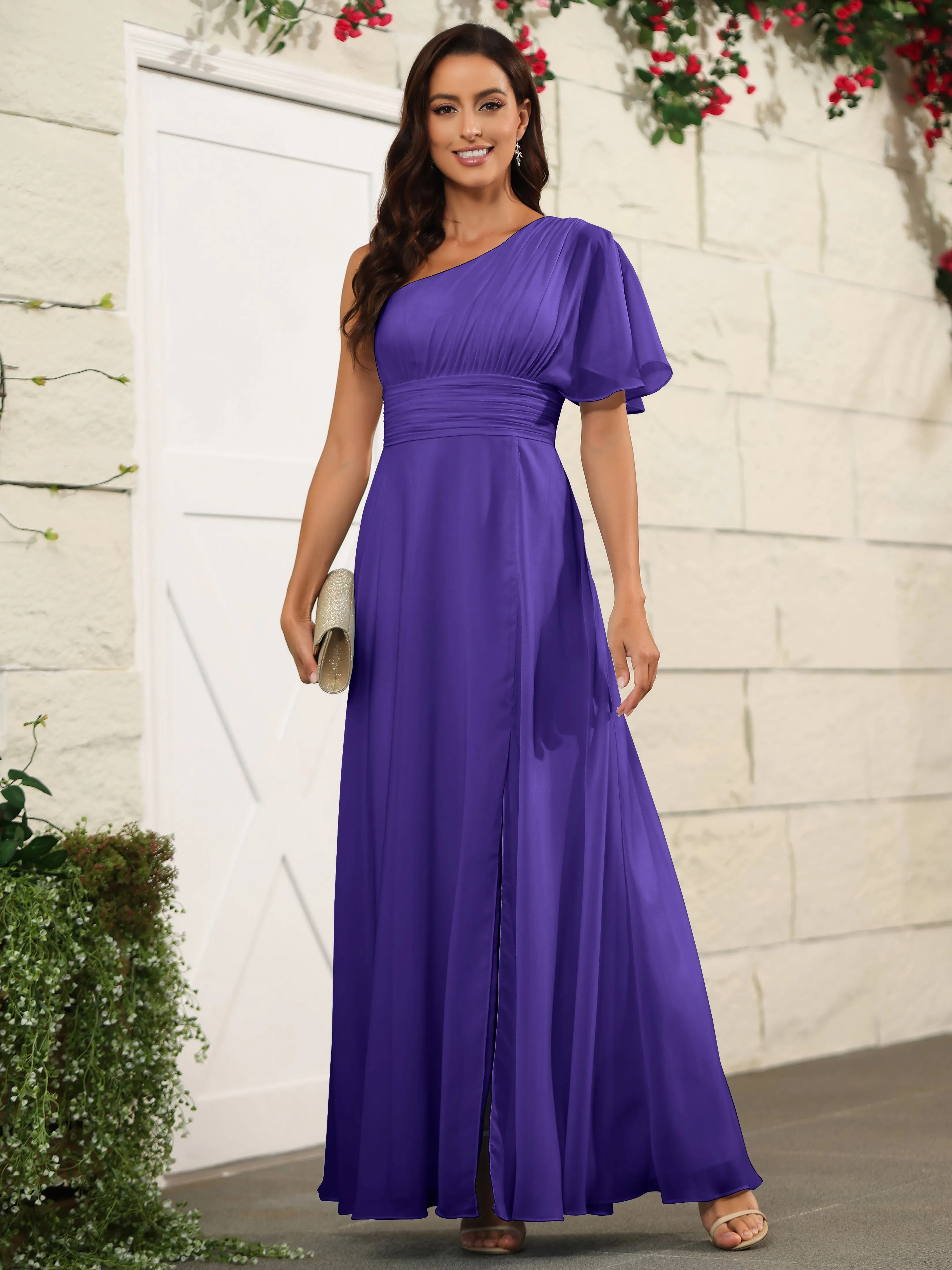 Simple One Shoulder Chiffon Floor Length Bridesmaid Dresses