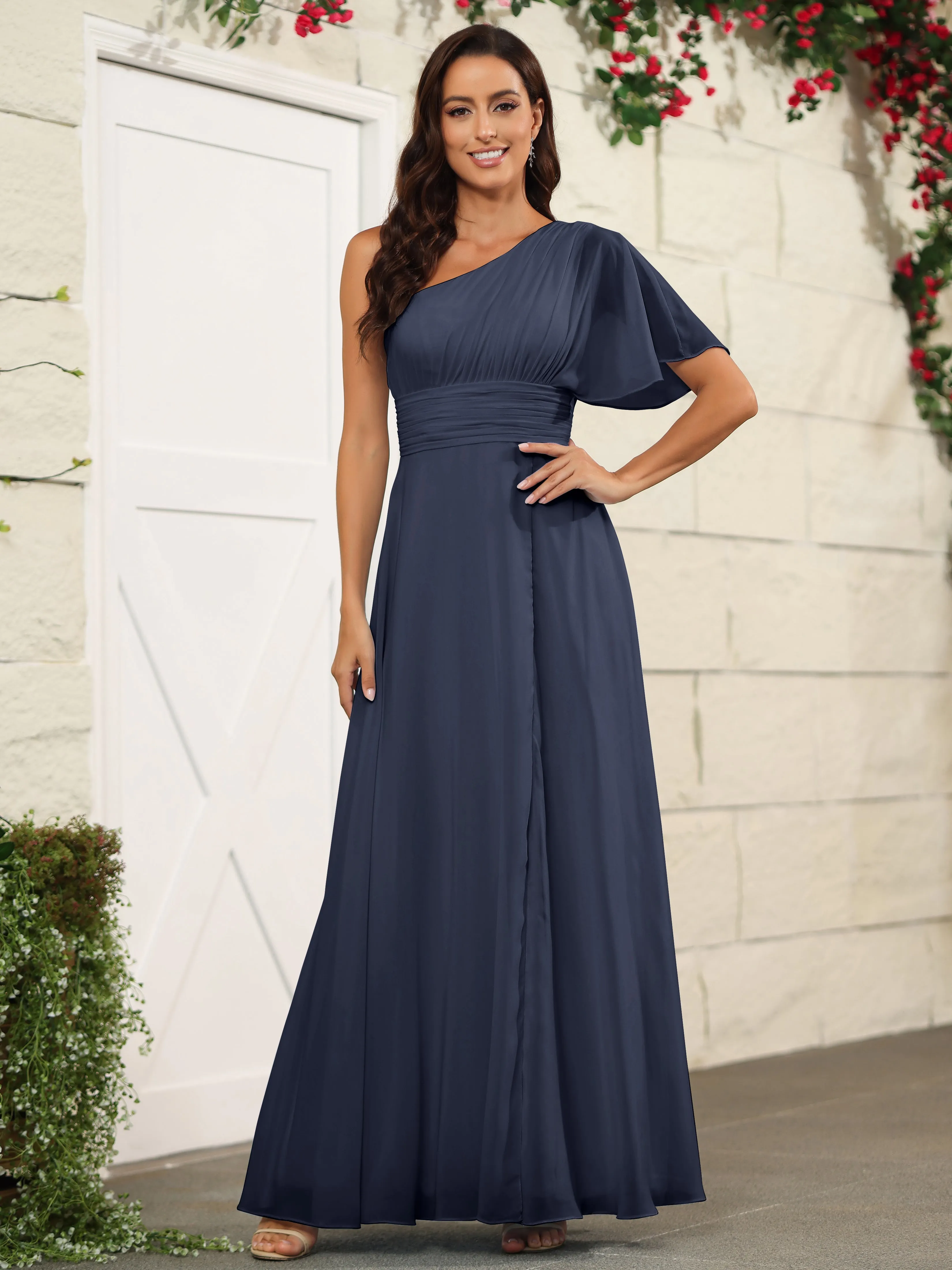 Simple One Shoulder Chiffon Floor Length Bridesmaid Dresses
