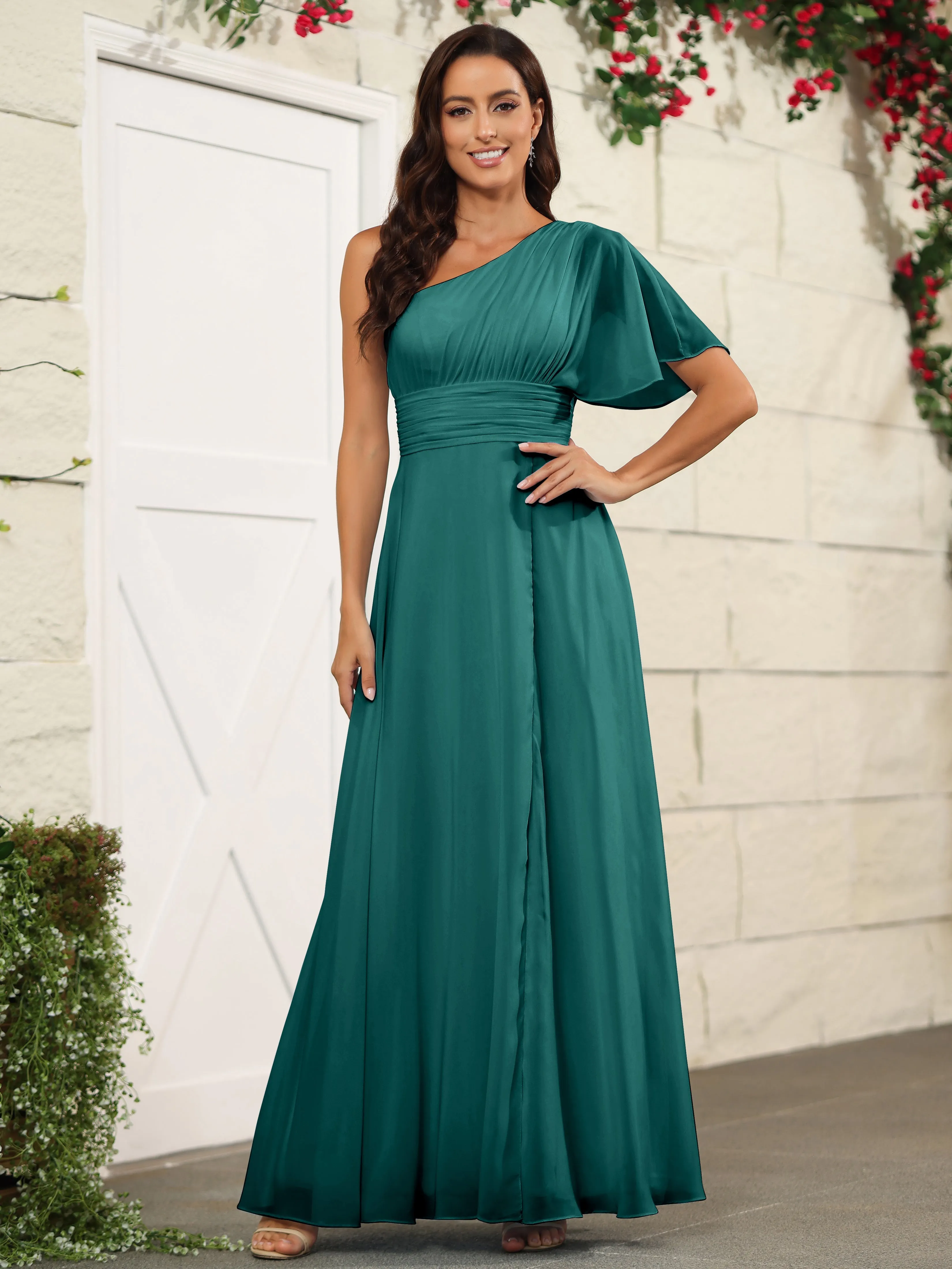 Simple One Shoulder Chiffon Floor Length Bridesmaid Dresses