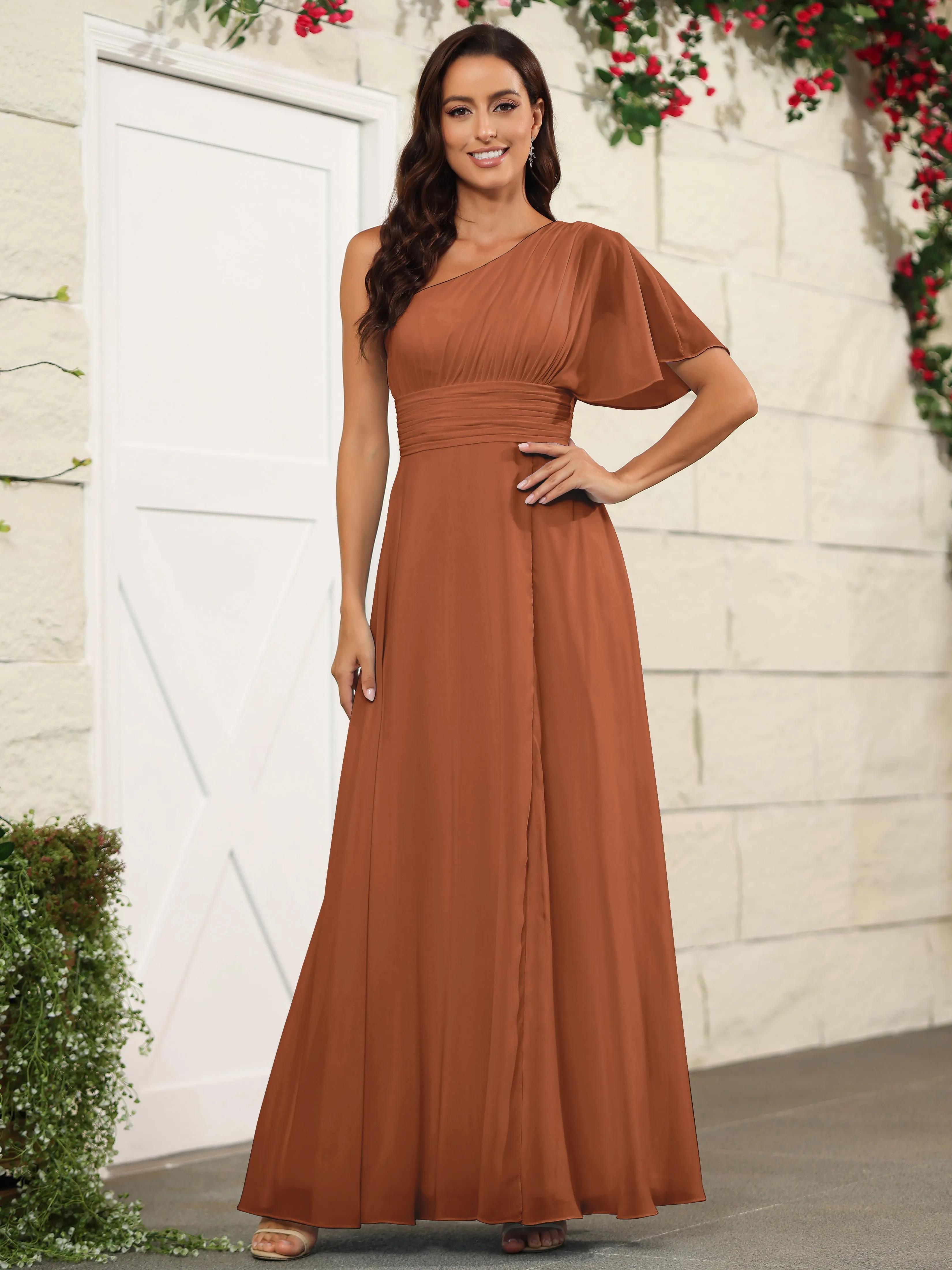 Simple One Shoulder Chiffon Floor Length Bridesmaid Dresses