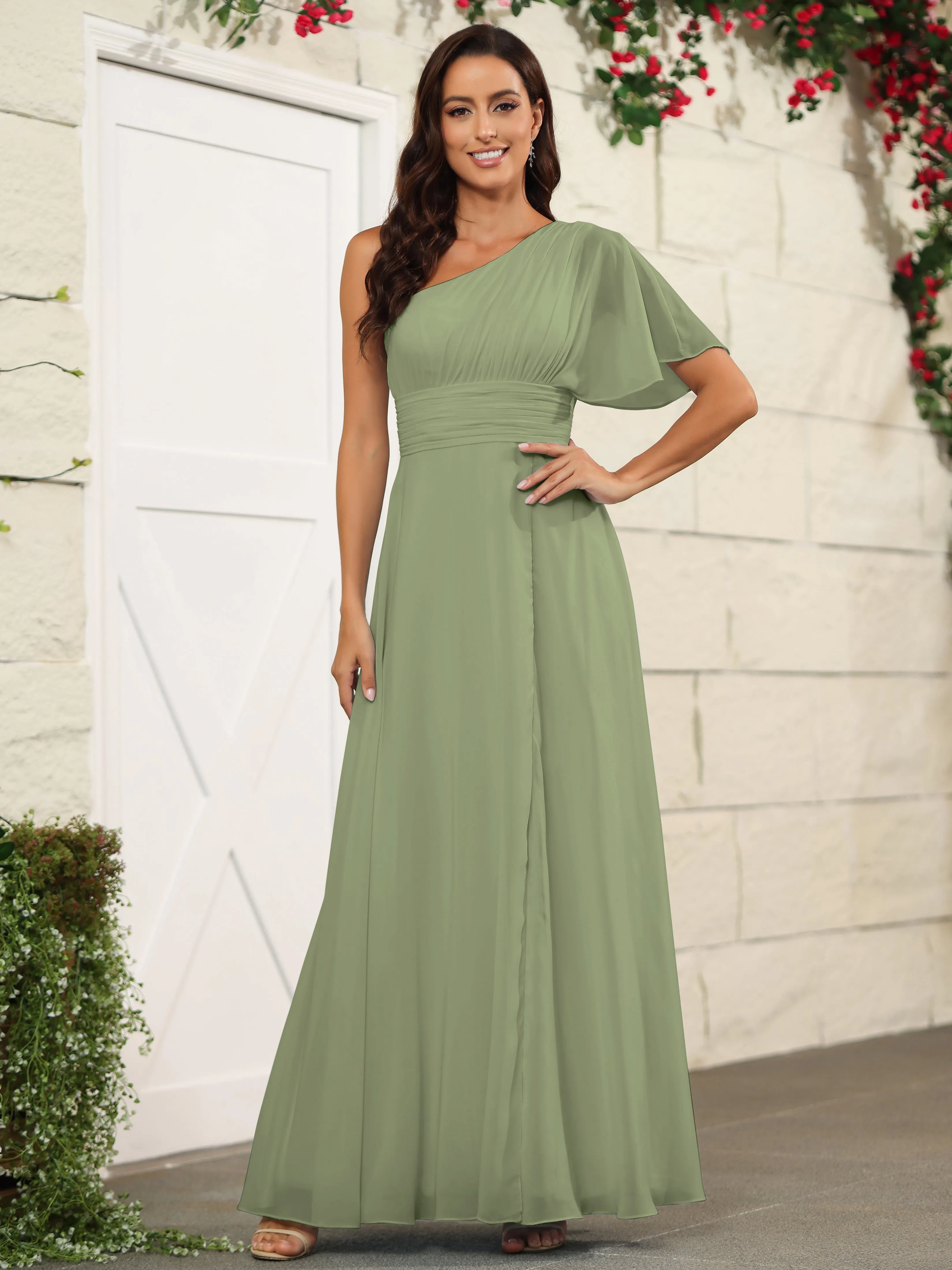 Simple One Shoulder Chiffon Floor Length Bridesmaid Dresses