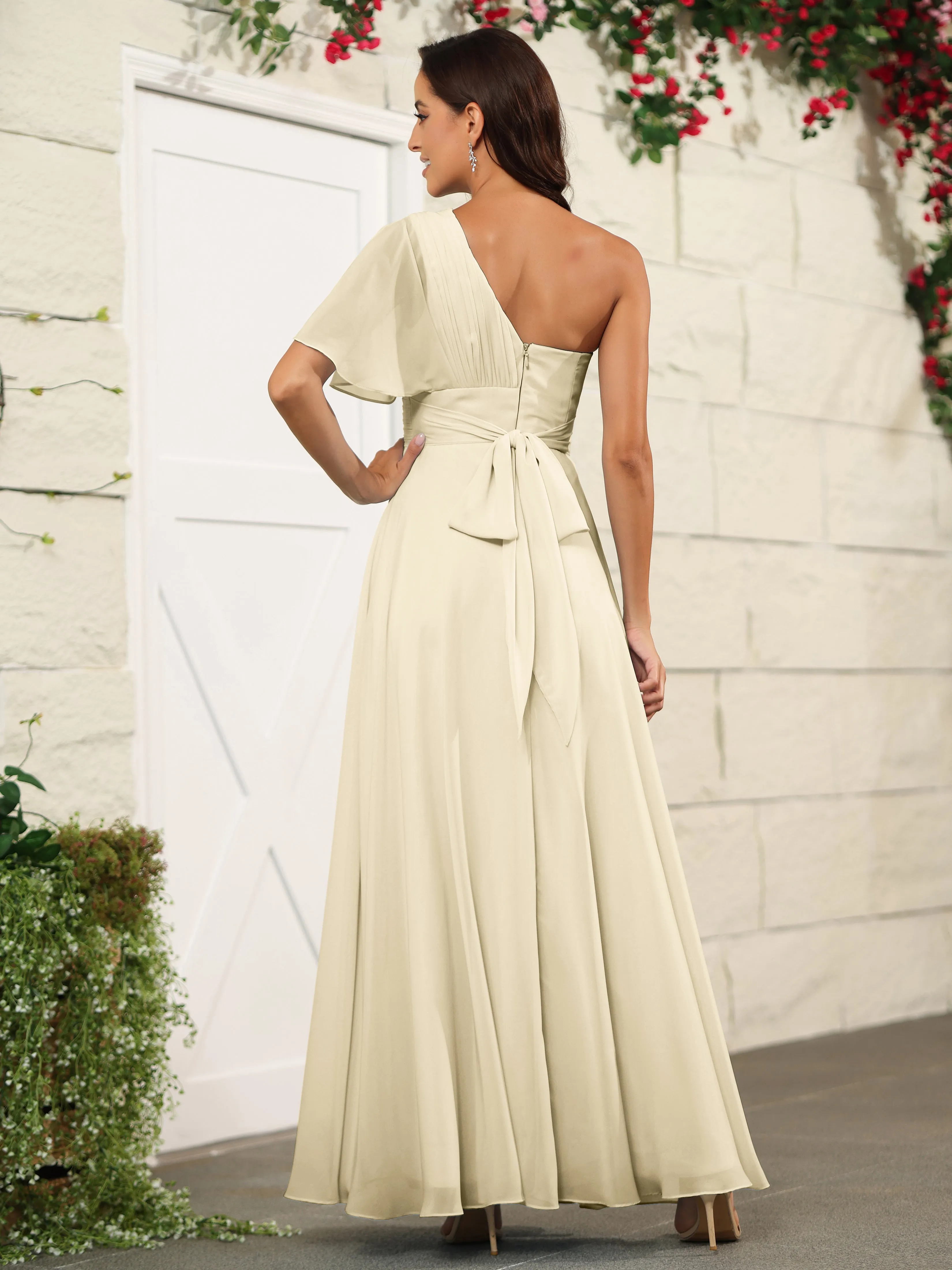 Simple One Shoulder Chiffon Floor Length Bridesmaid Dresses