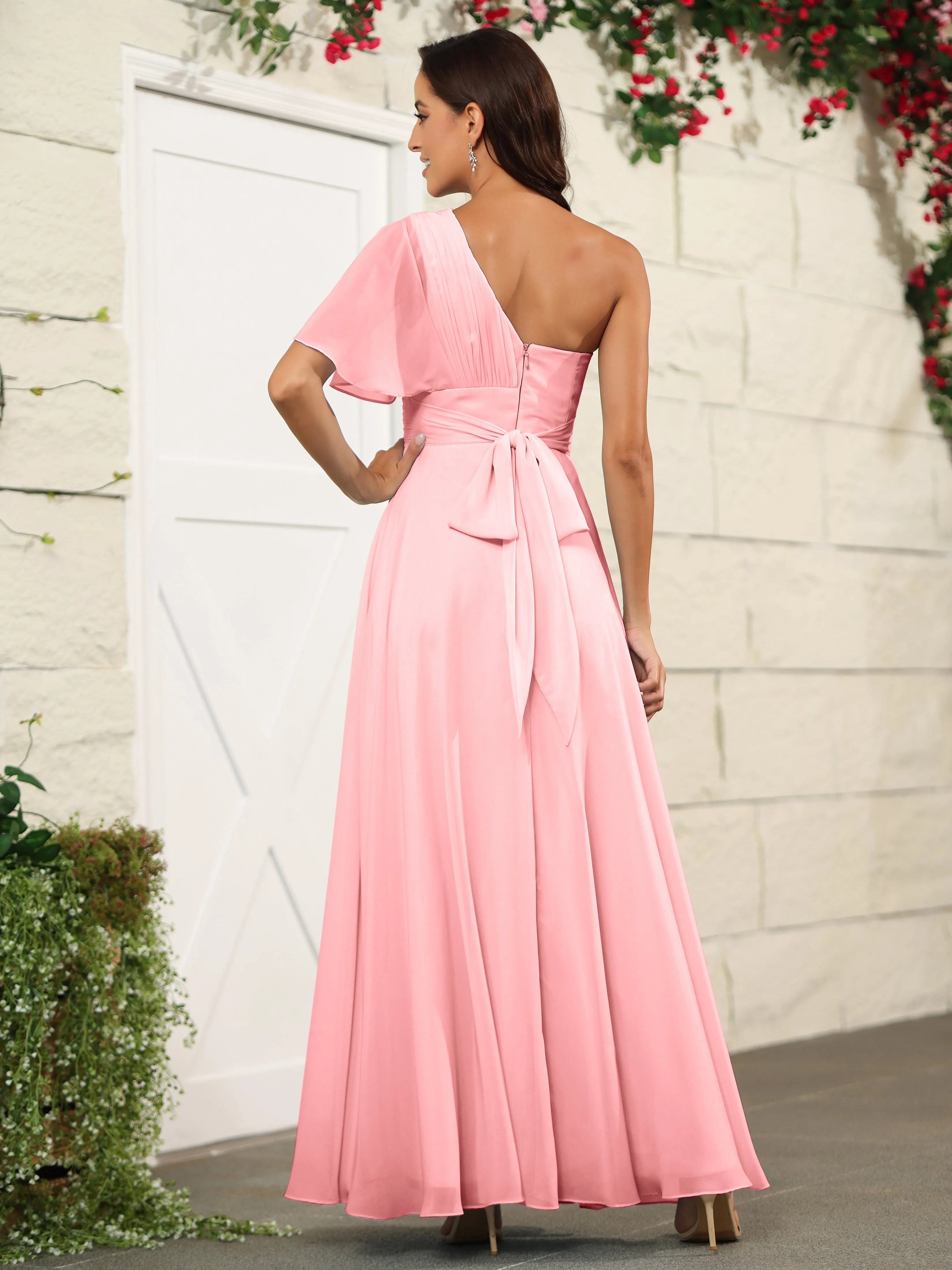Simple One Shoulder Chiffon Floor Length Bridesmaid Dresses