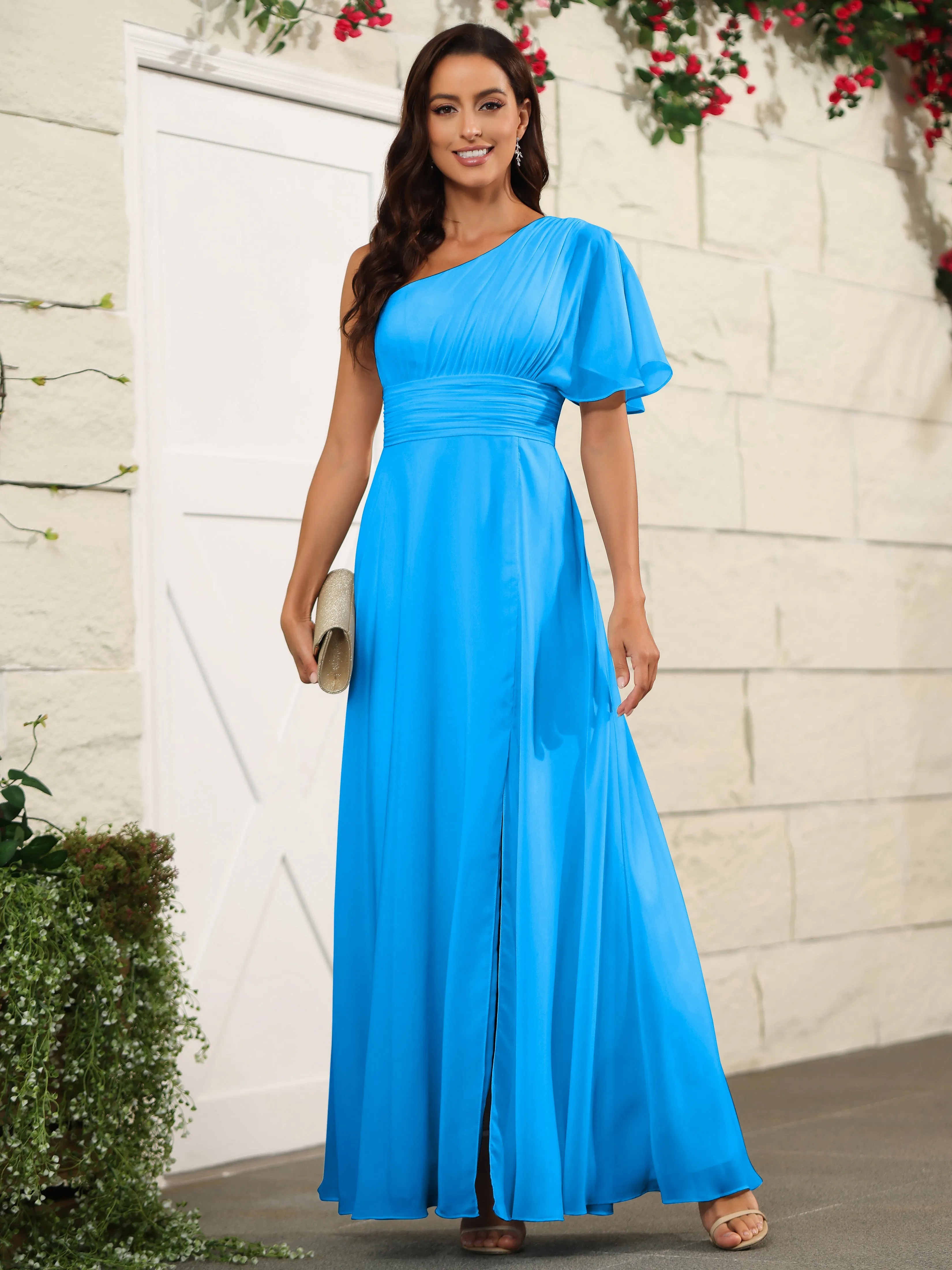 Simple One Shoulder Chiffon Floor Length Bridesmaid Dresses