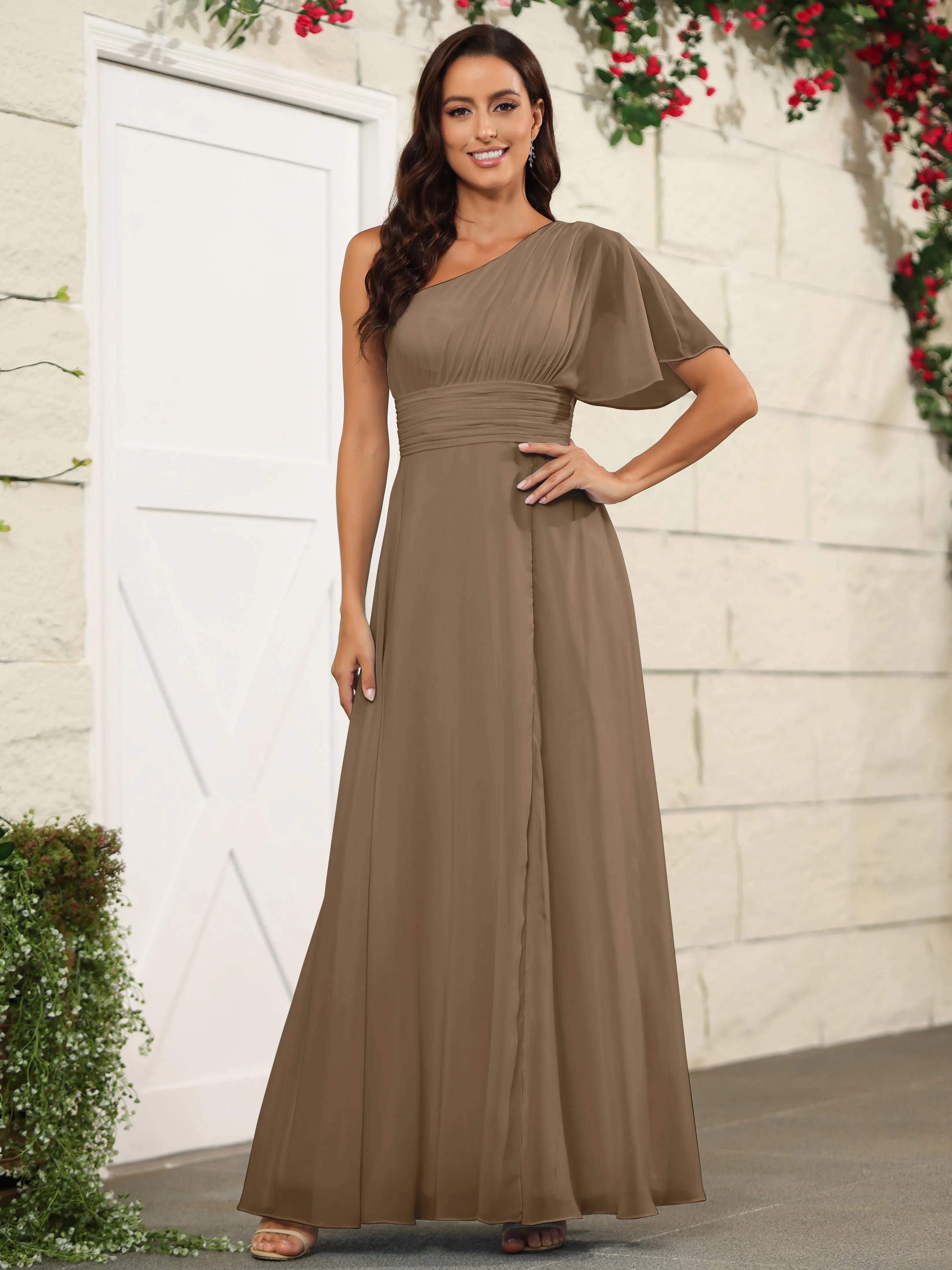 Simple One Shoulder Chiffon Floor Length Bridesmaid Dresses