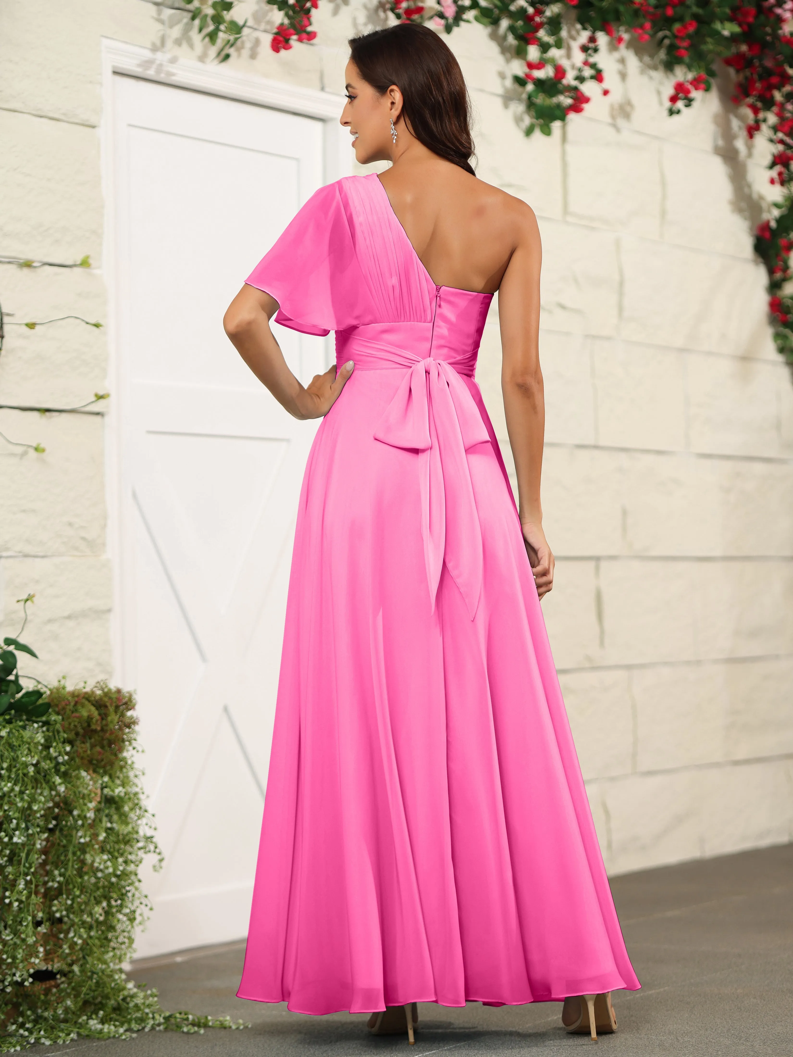 Simple One Shoulder Chiffon Floor Length Bridesmaid Dresses