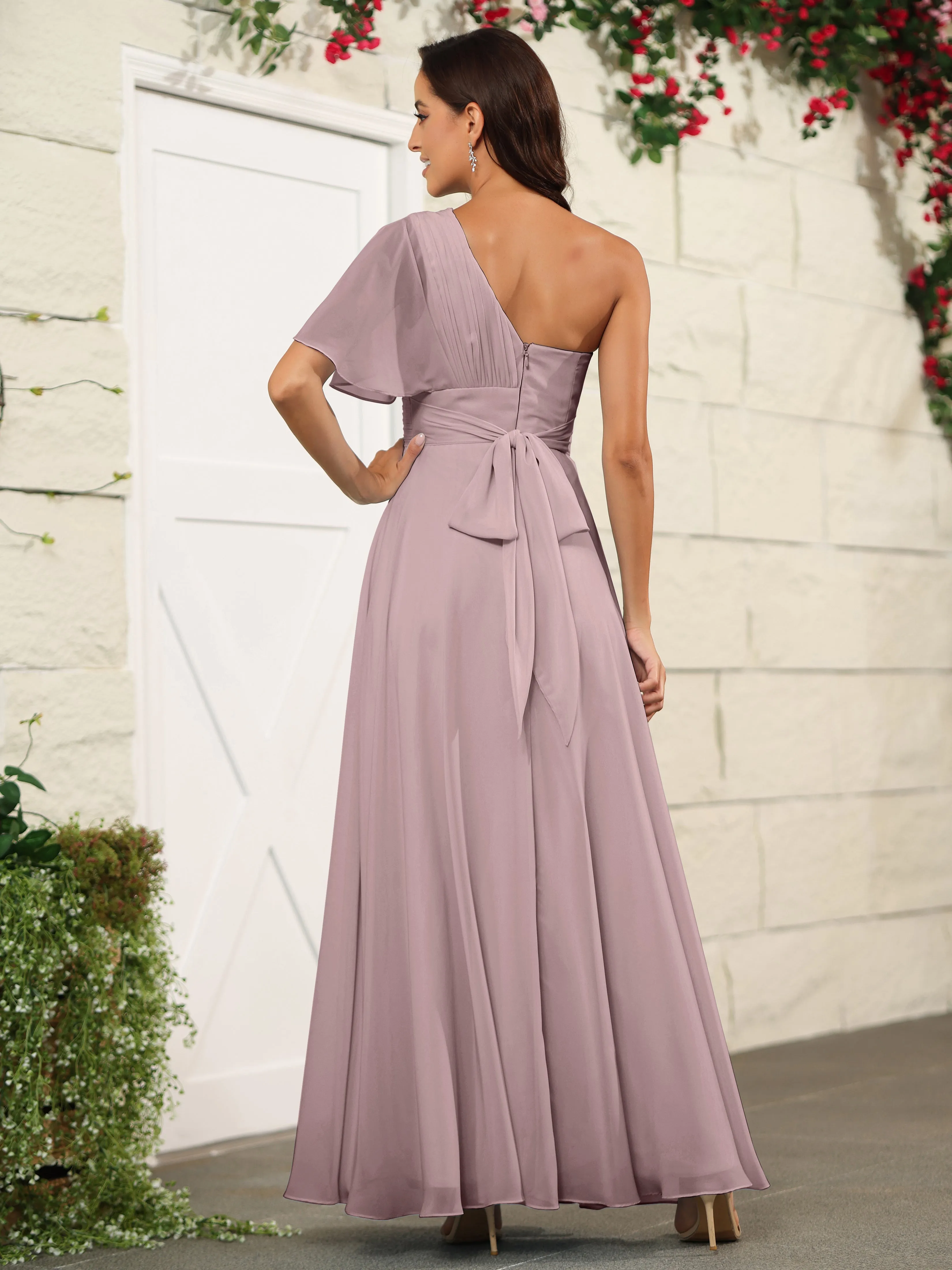 Simple One Shoulder Chiffon Floor Length Bridesmaid Dresses