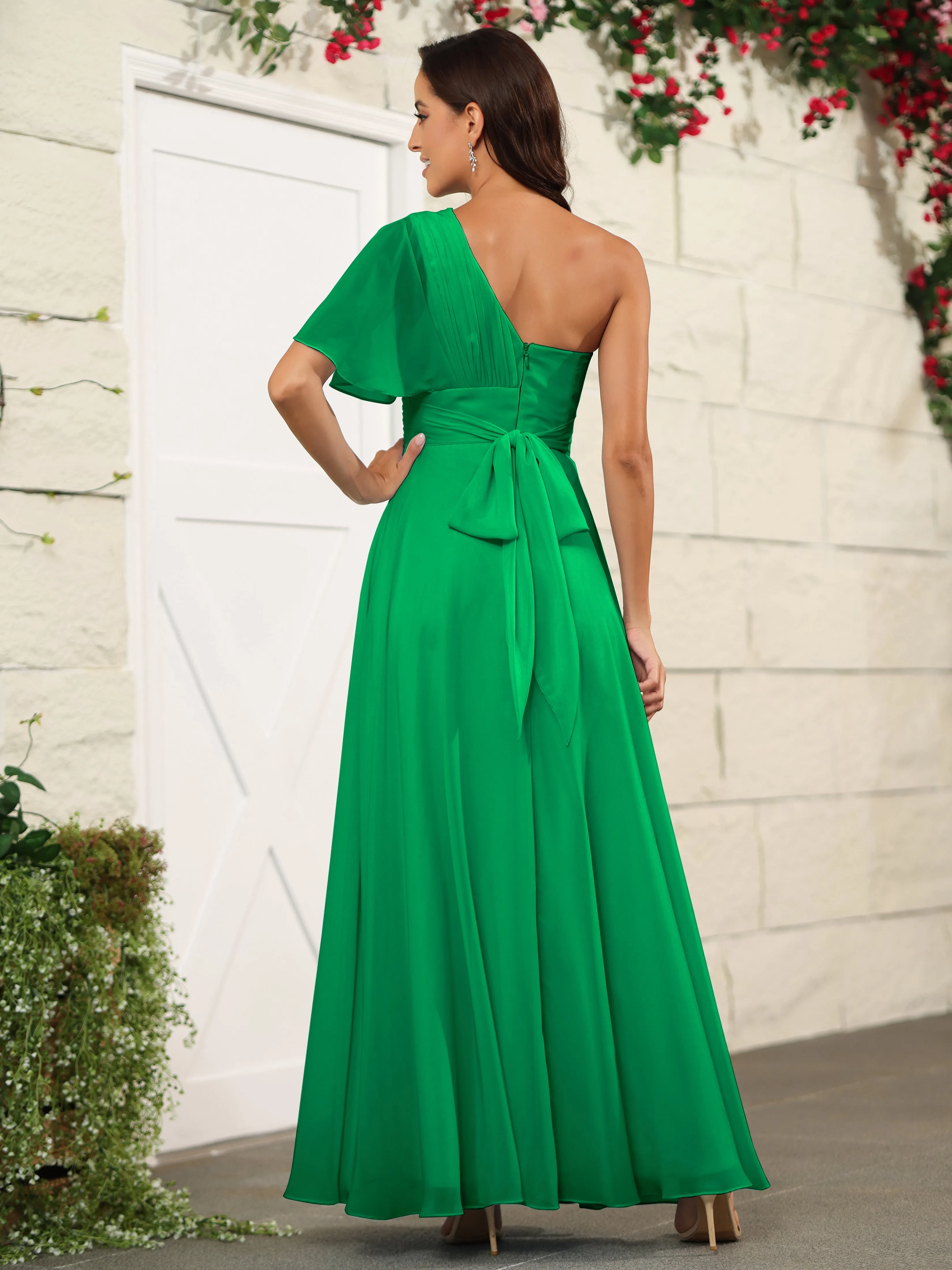 Simple One Shoulder Chiffon Floor Length Bridesmaid Dresses