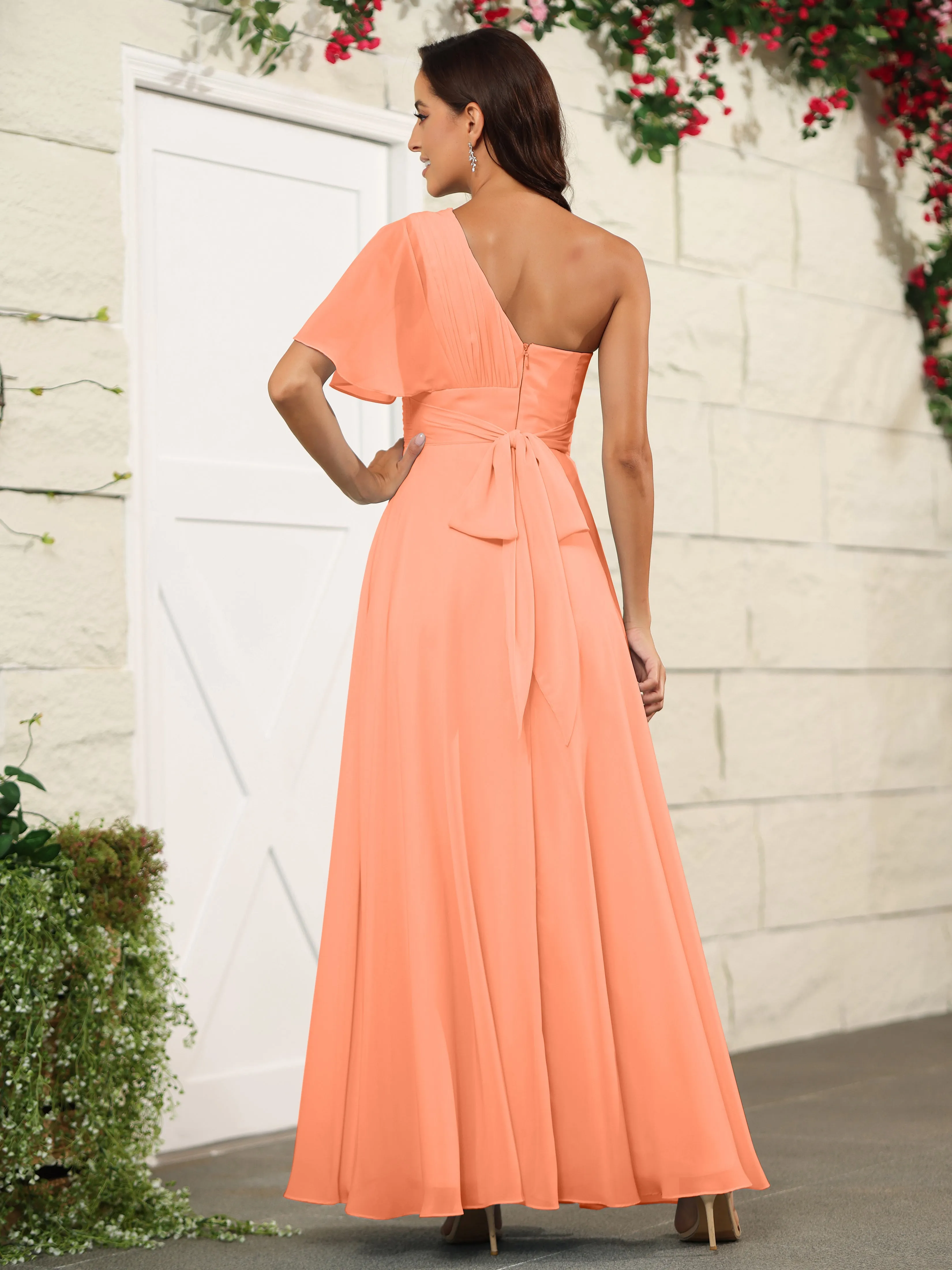 Simple One Shoulder Chiffon Floor Length Bridesmaid Dresses