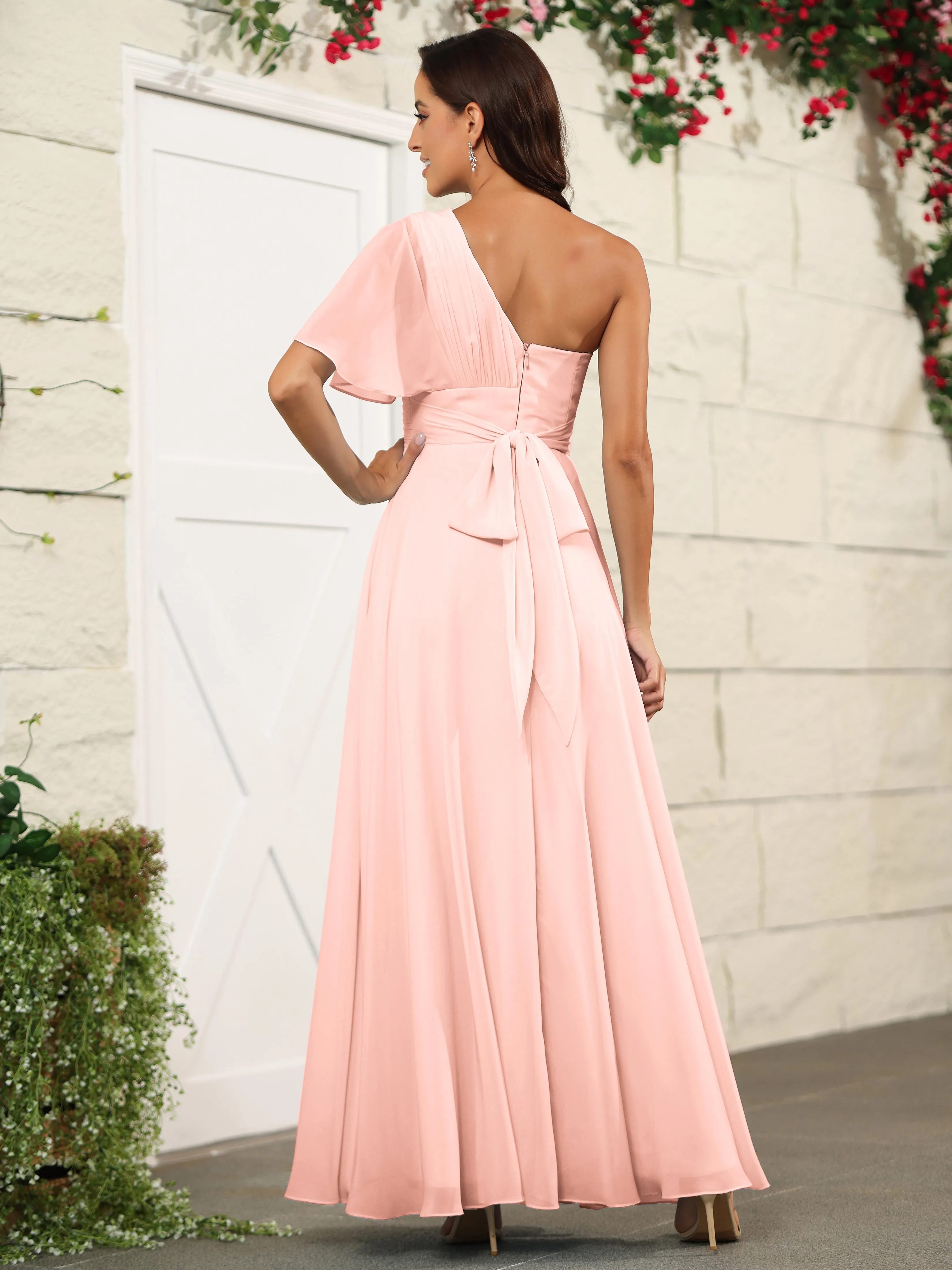 Simple One Shoulder Chiffon Floor Length Bridesmaid Dresses