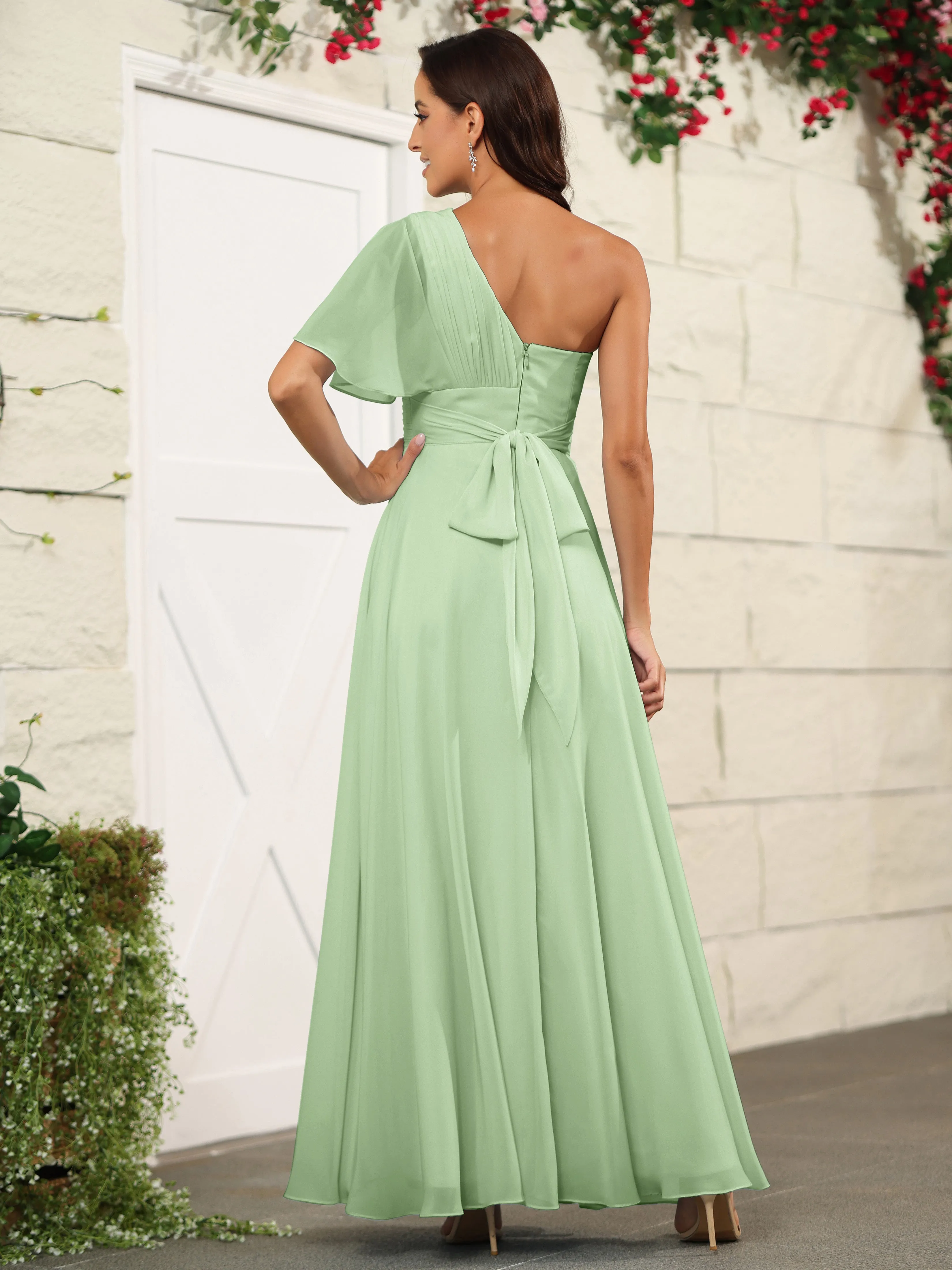 Simple One Shoulder Chiffon Floor Length Bridesmaid Dresses