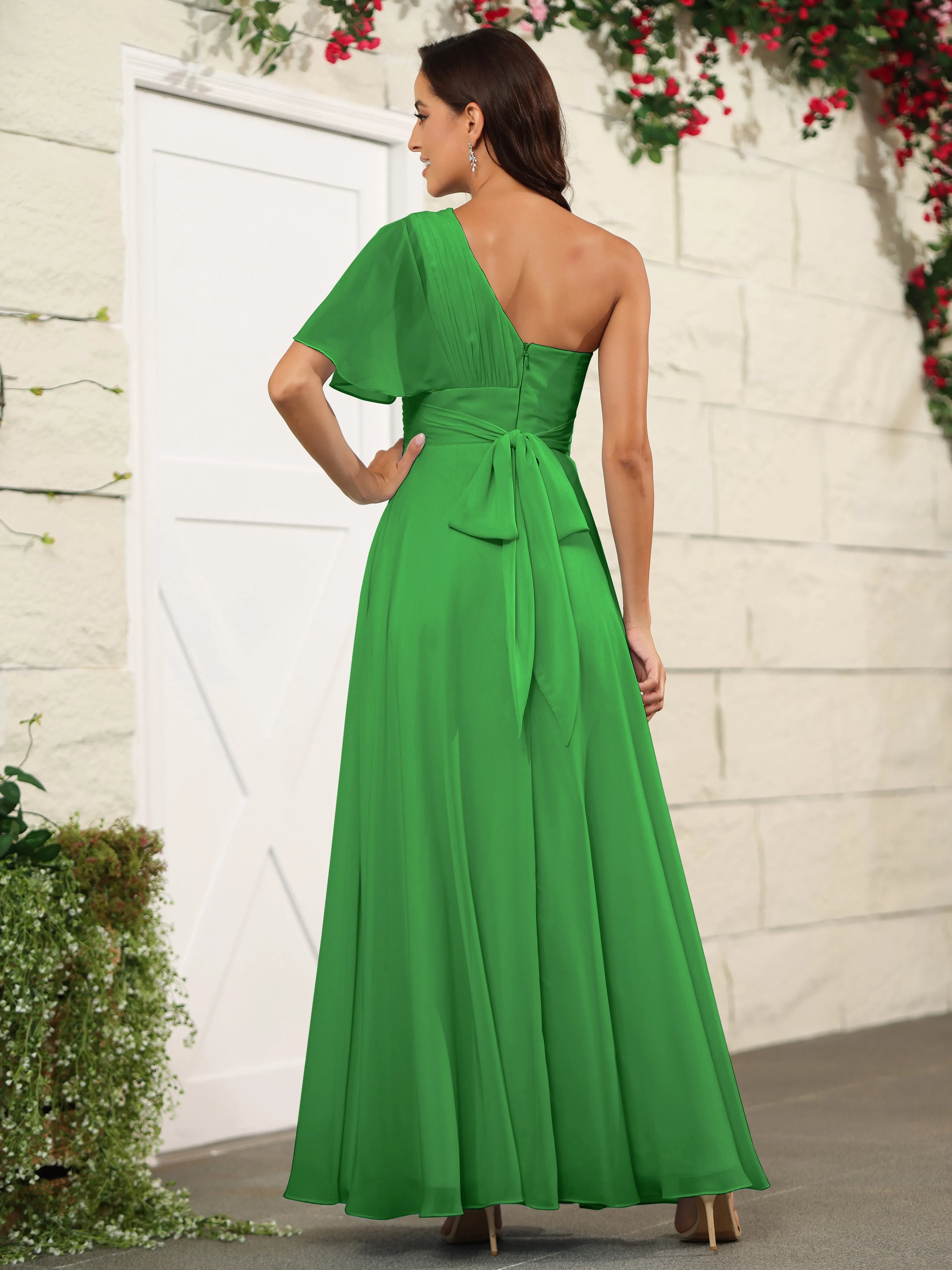 Simple One Shoulder Chiffon Floor Length Bridesmaid Dresses