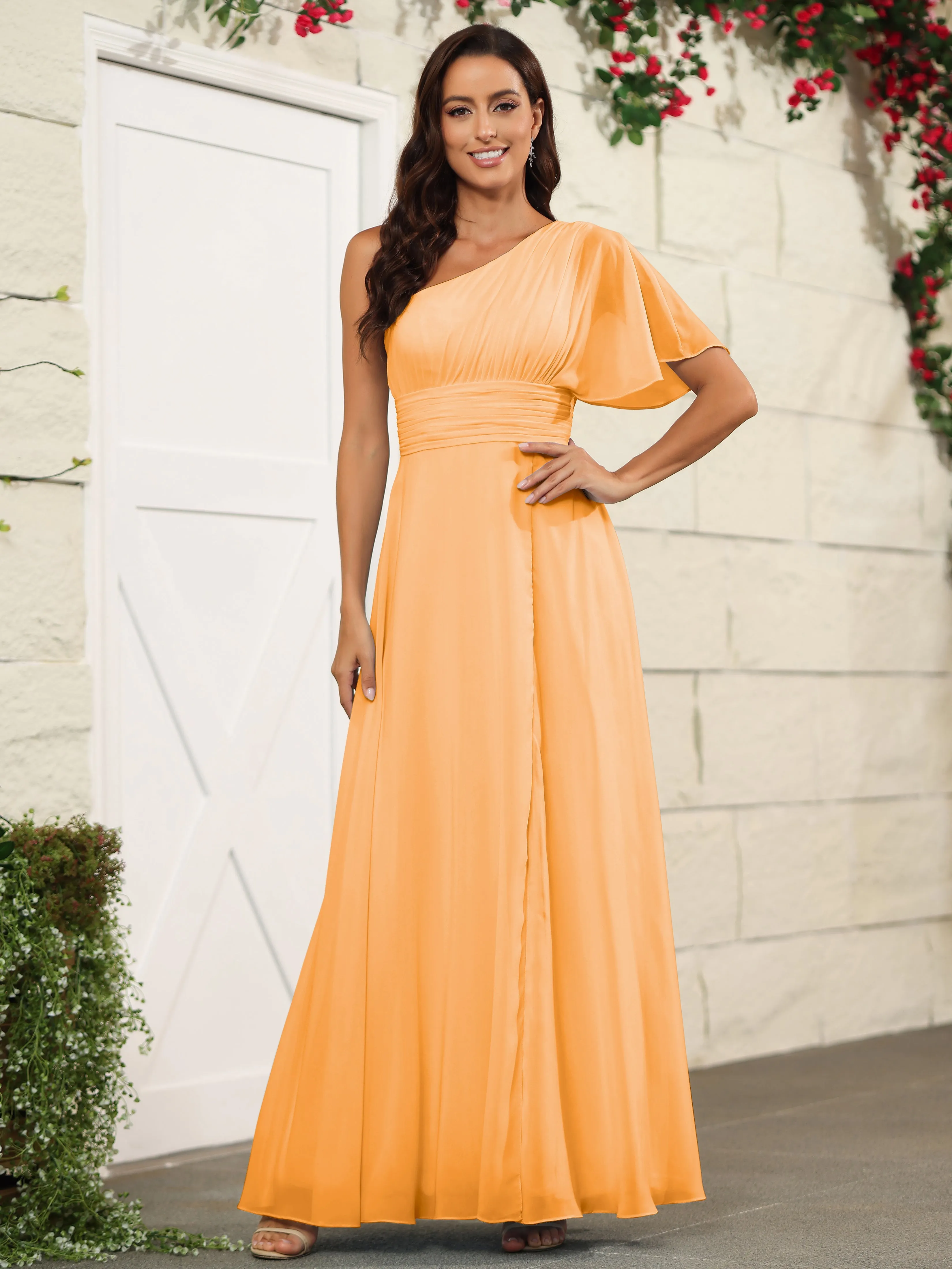 Simple One Shoulder Chiffon Floor Length Bridesmaid Dresses