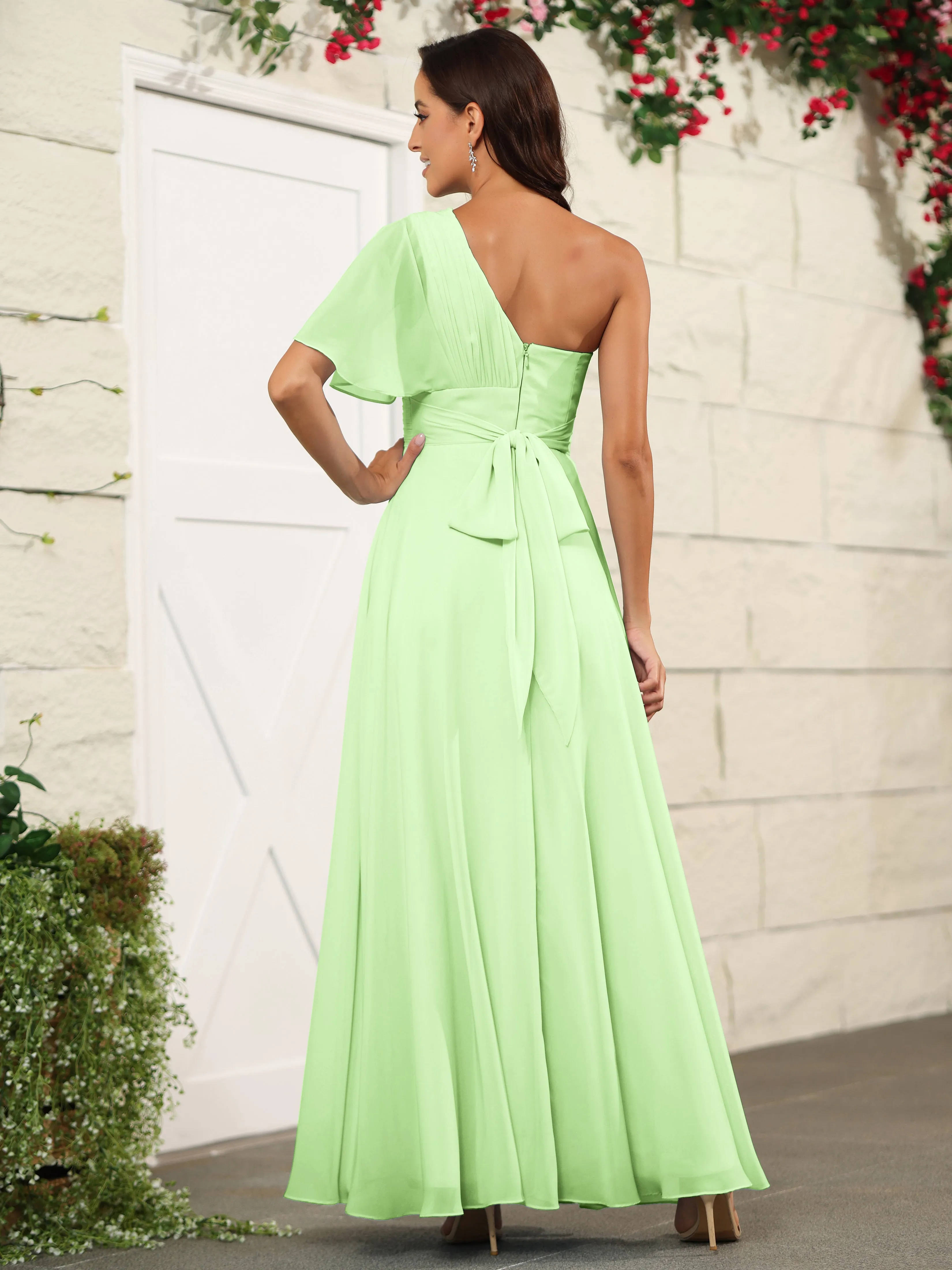 Simple One Shoulder Chiffon Floor Length Bridesmaid Dresses