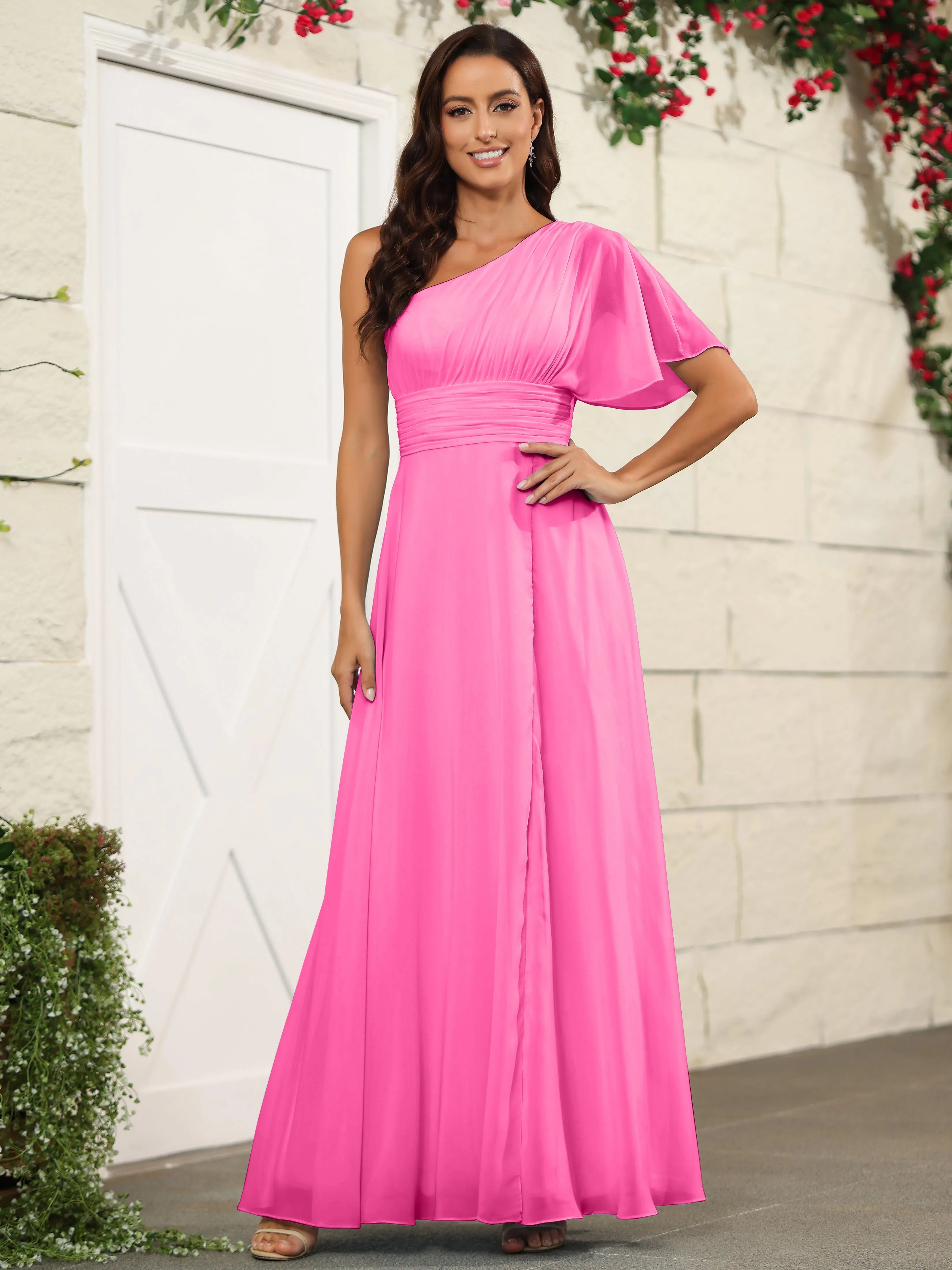 Simple One Shoulder Chiffon Floor Length Bridesmaid Dresses