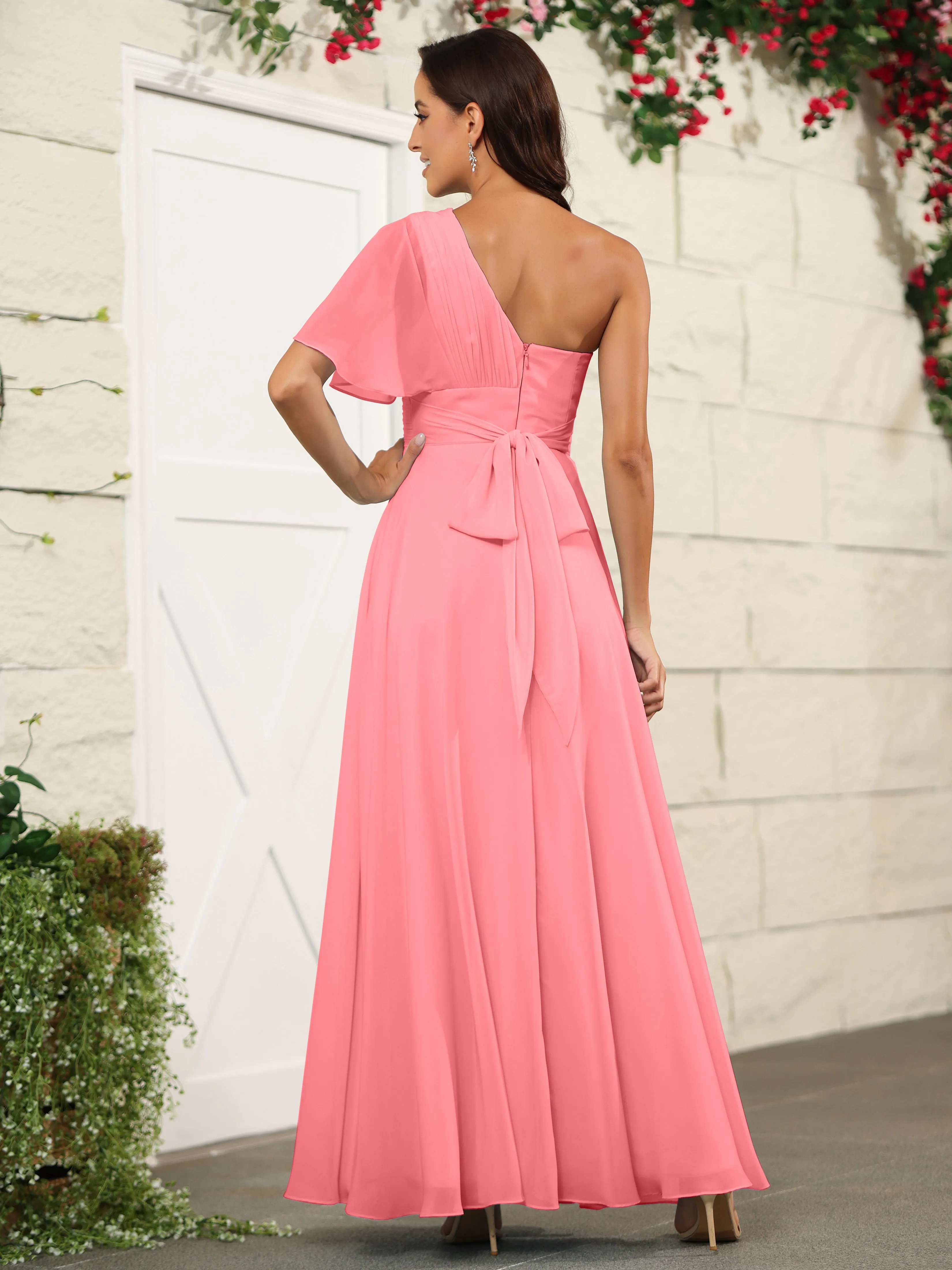 Simple One Shoulder Chiffon Floor Length Bridesmaid Dresses