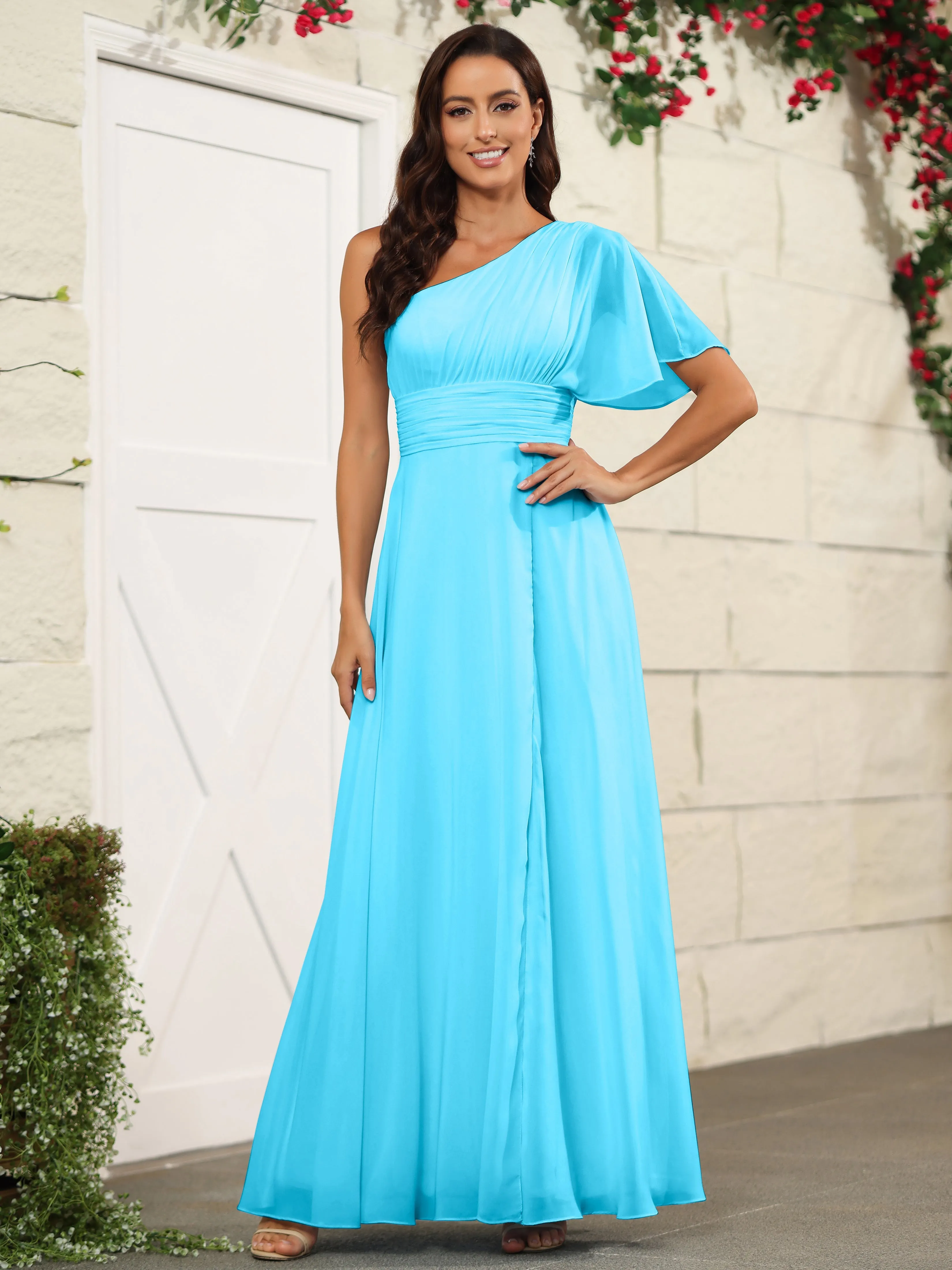 Simple One Shoulder Chiffon Floor Length Bridesmaid Dresses