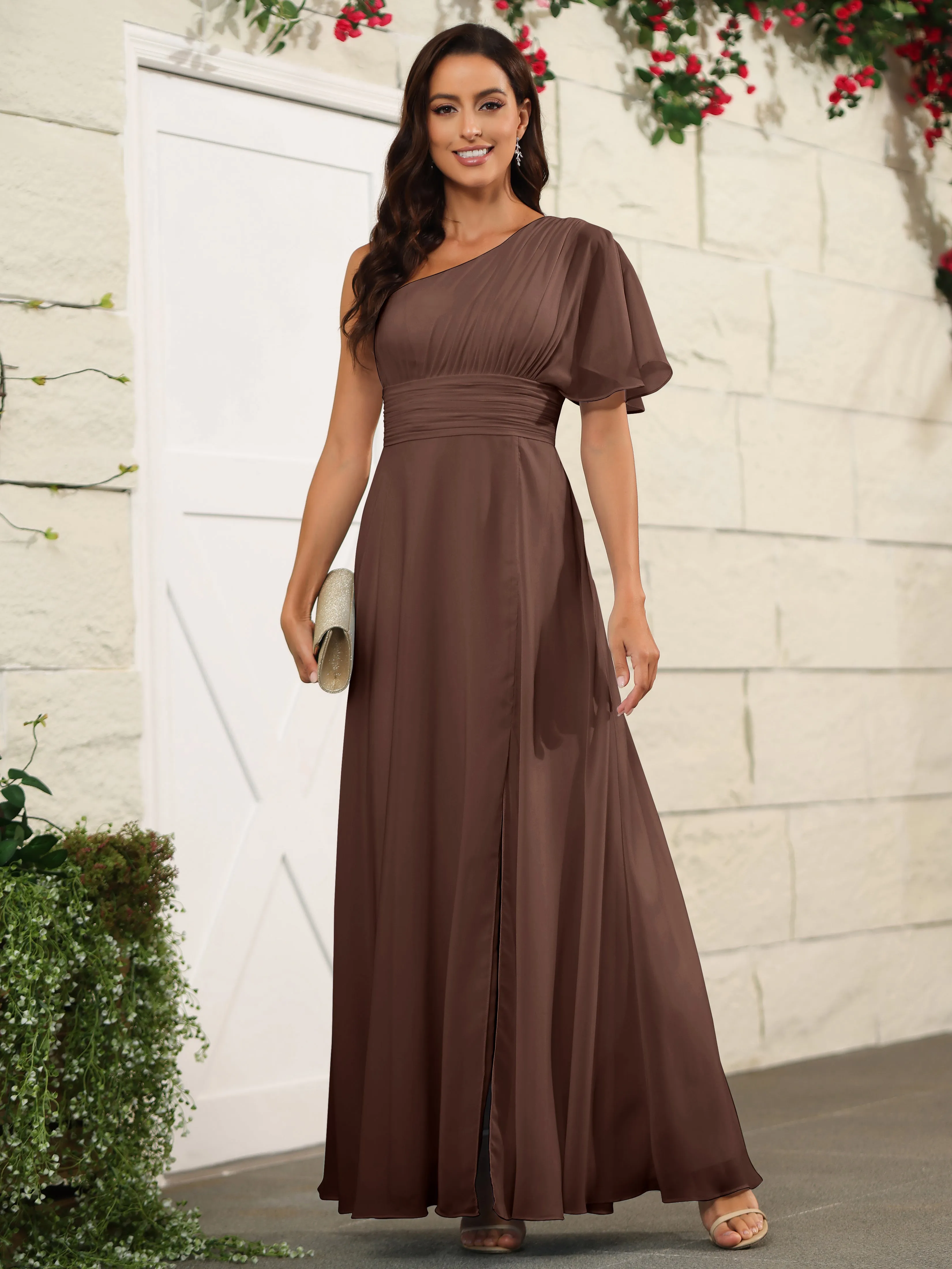 Simple One Shoulder Chiffon Floor Length Bridesmaid Dresses