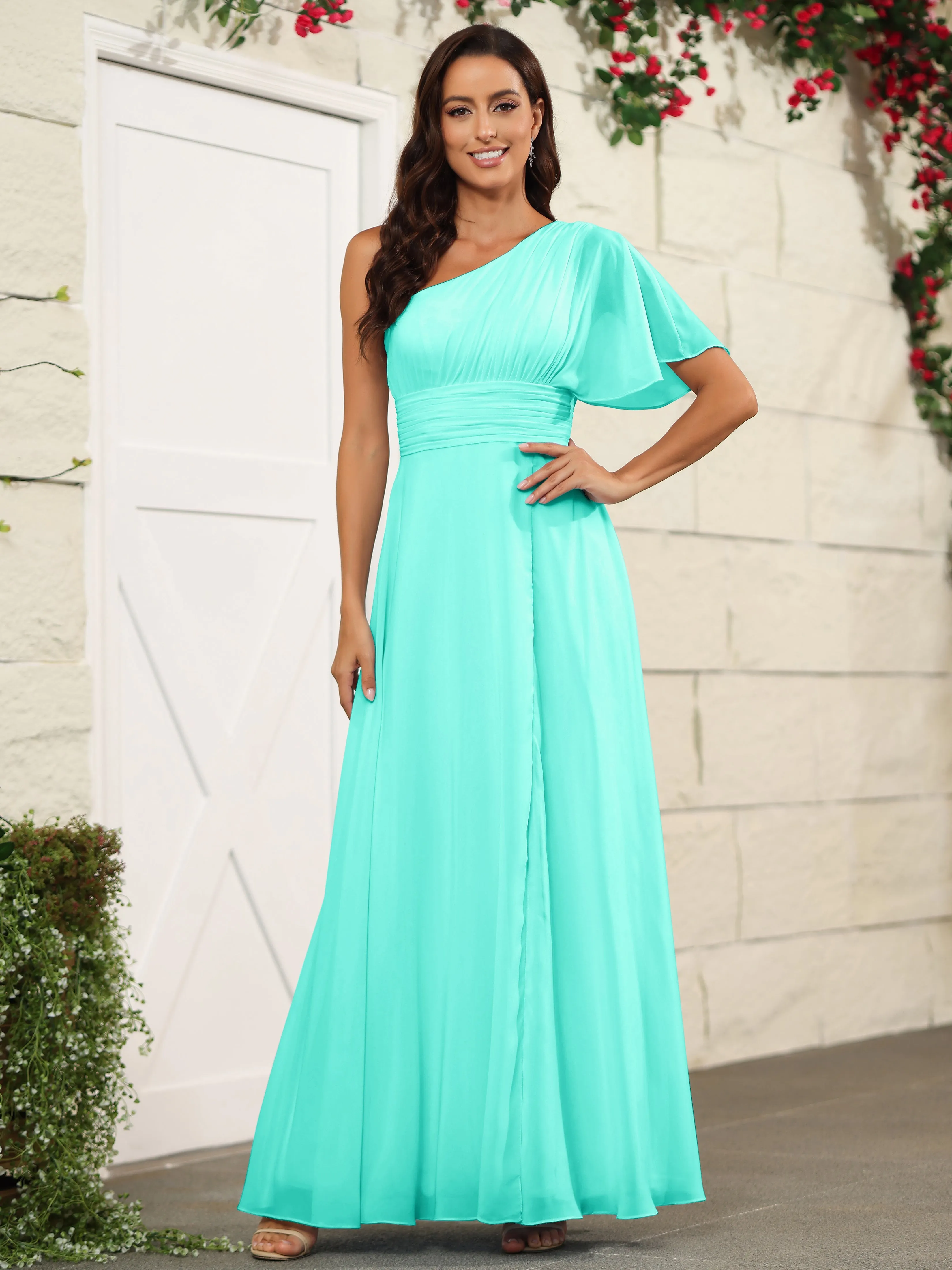 Simple One Shoulder Chiffon Floor Length Bridesmaid Dresses