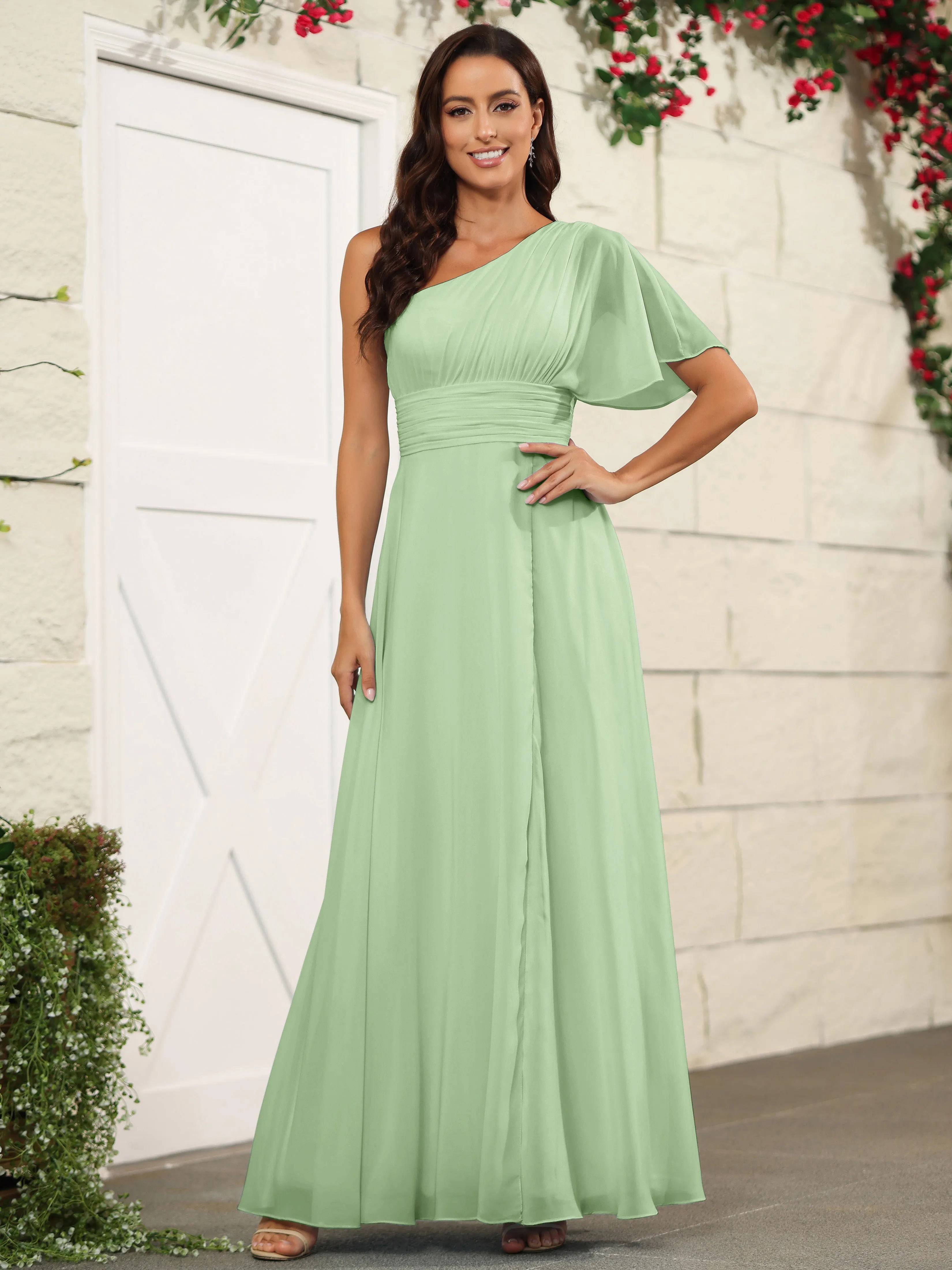 Simple One Shoulder Chiffon Floor Length Bridesmaid Dresses