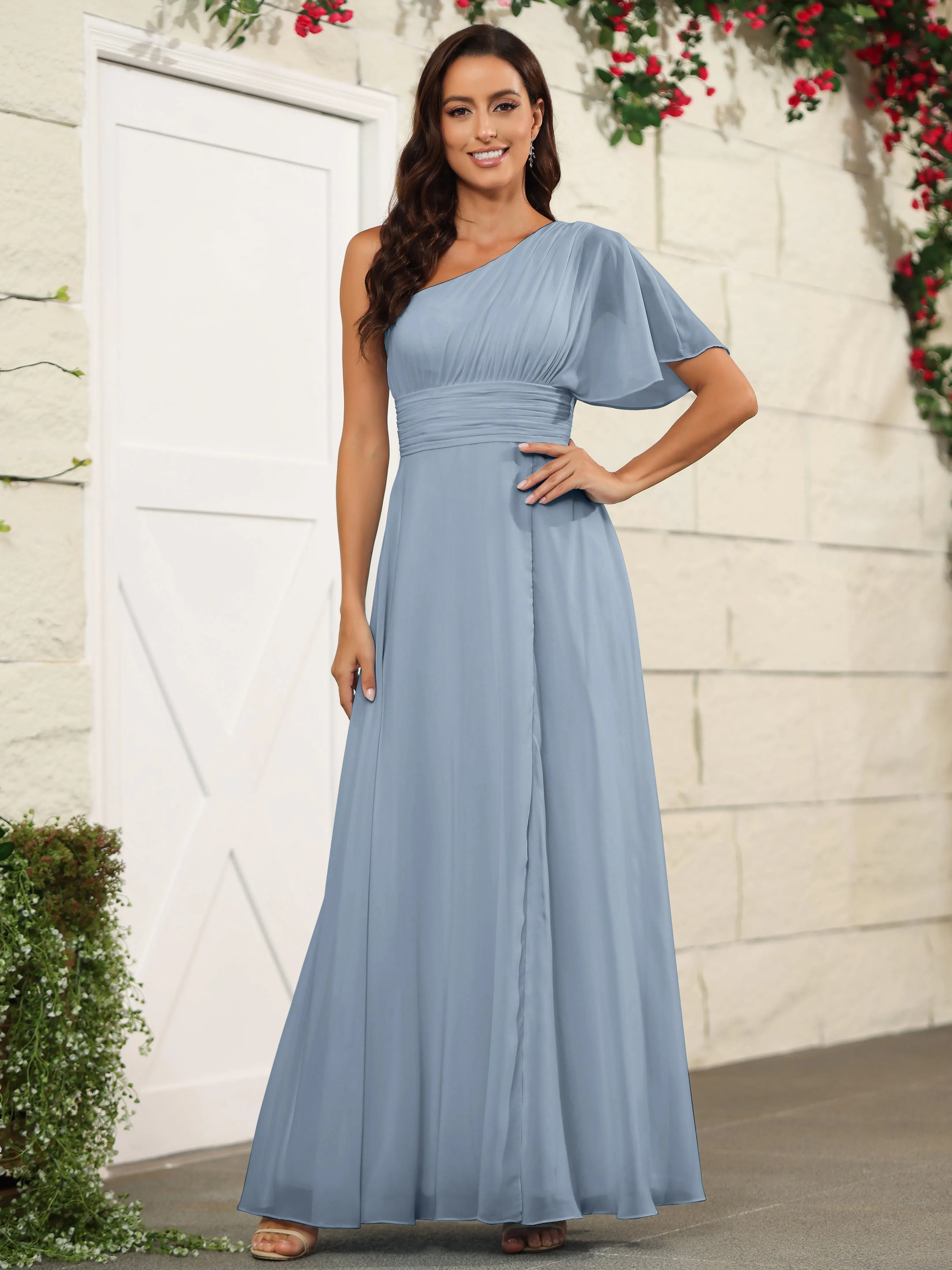 Simple One Shoulder Chiffon Floor Length Bridesmaid Dresses