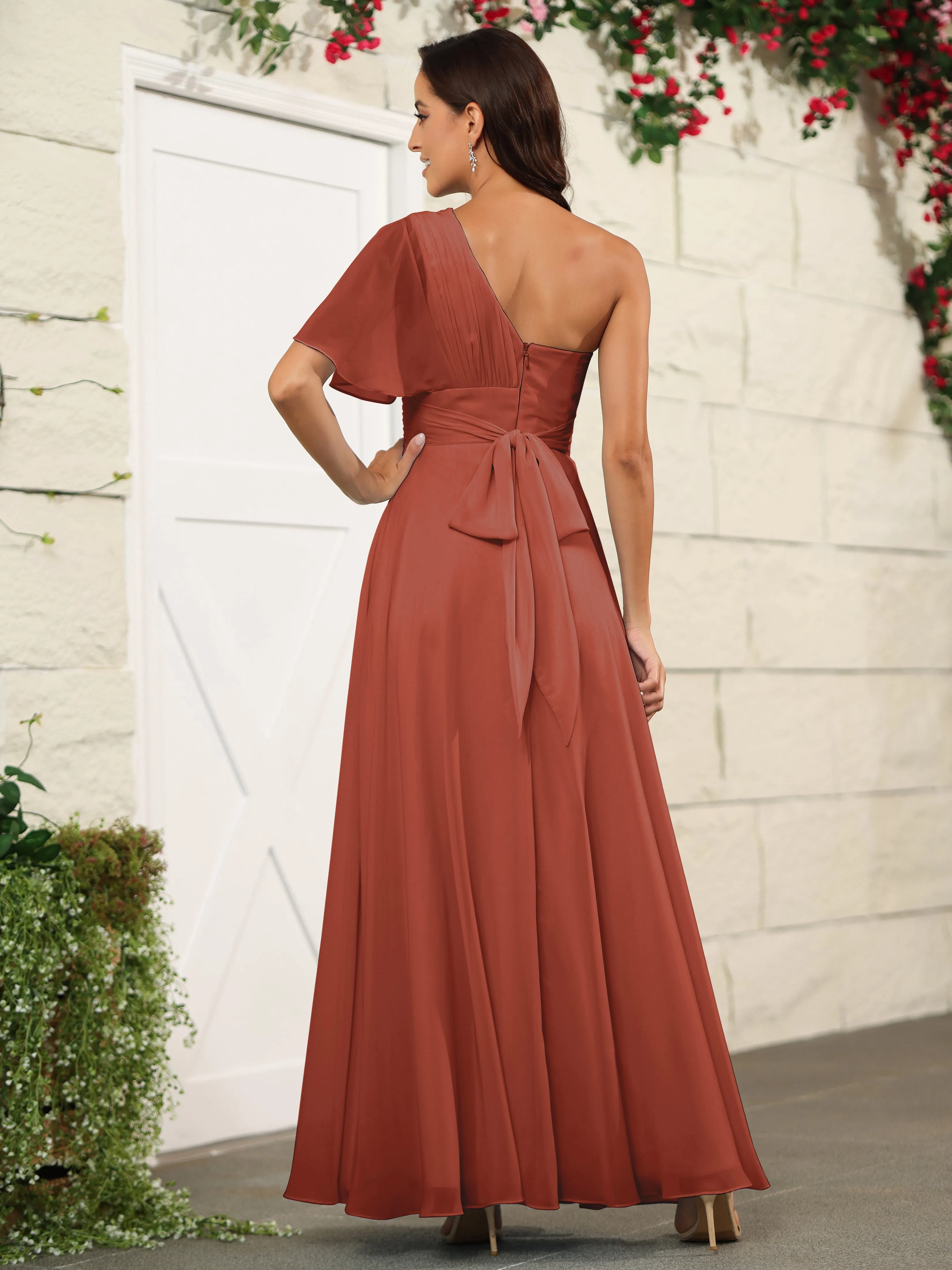 Simple One Shoulder Chiffon Floor Length Bridesmaid Dresses